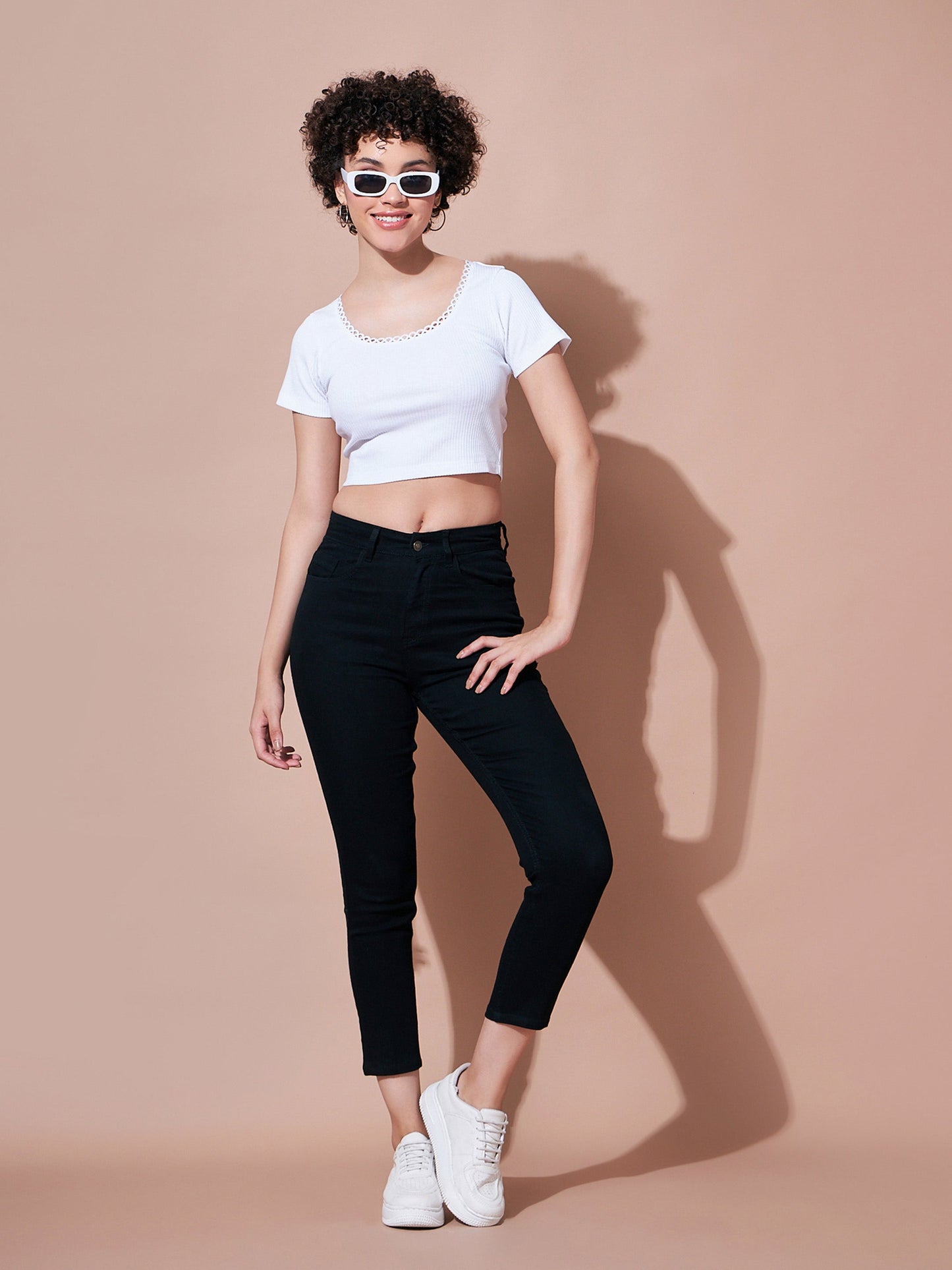 White Rib Round Neck Crop Top