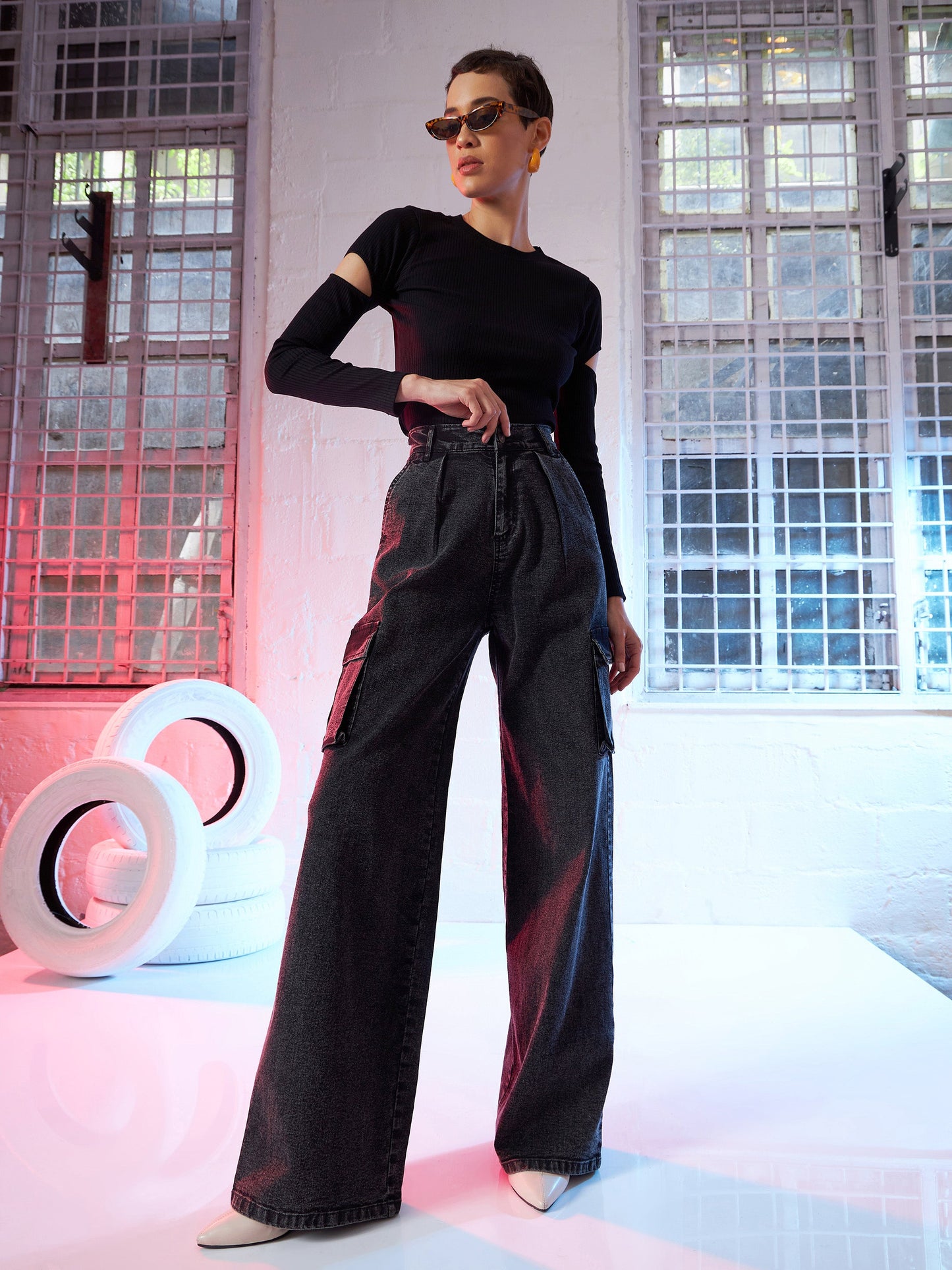 Black Bicep Cut Out Rib Top