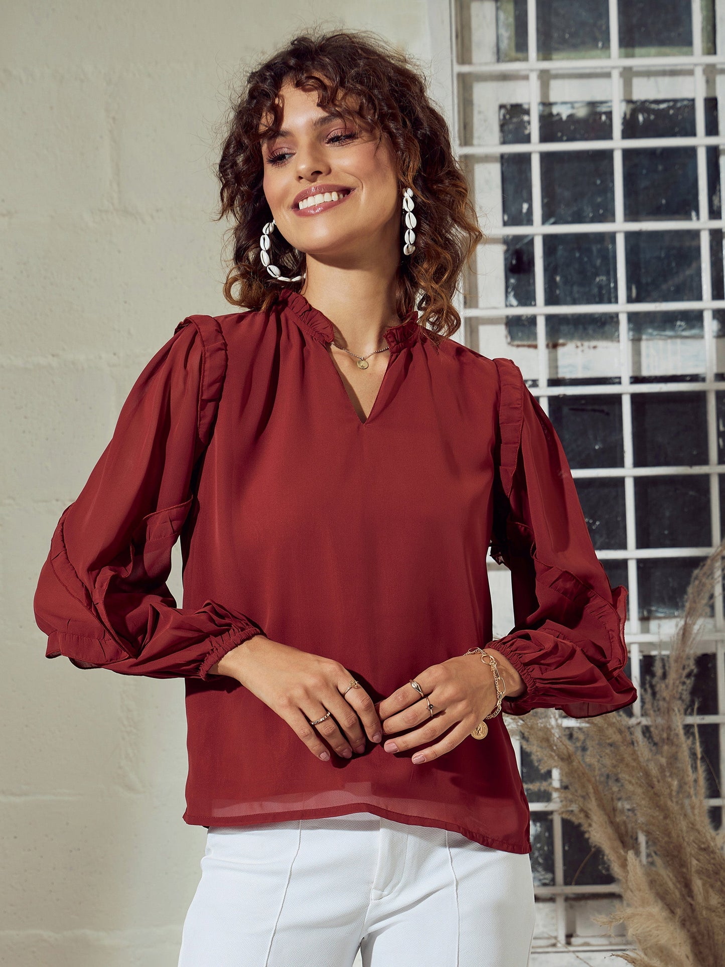 Rust Ruffle Detail Top