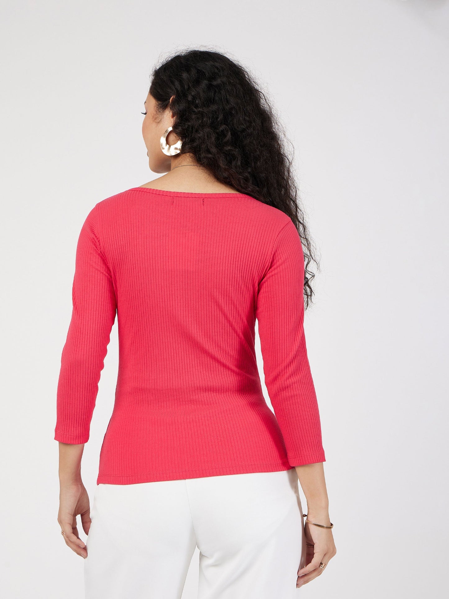 Women Magenta Rib V-Neck Top