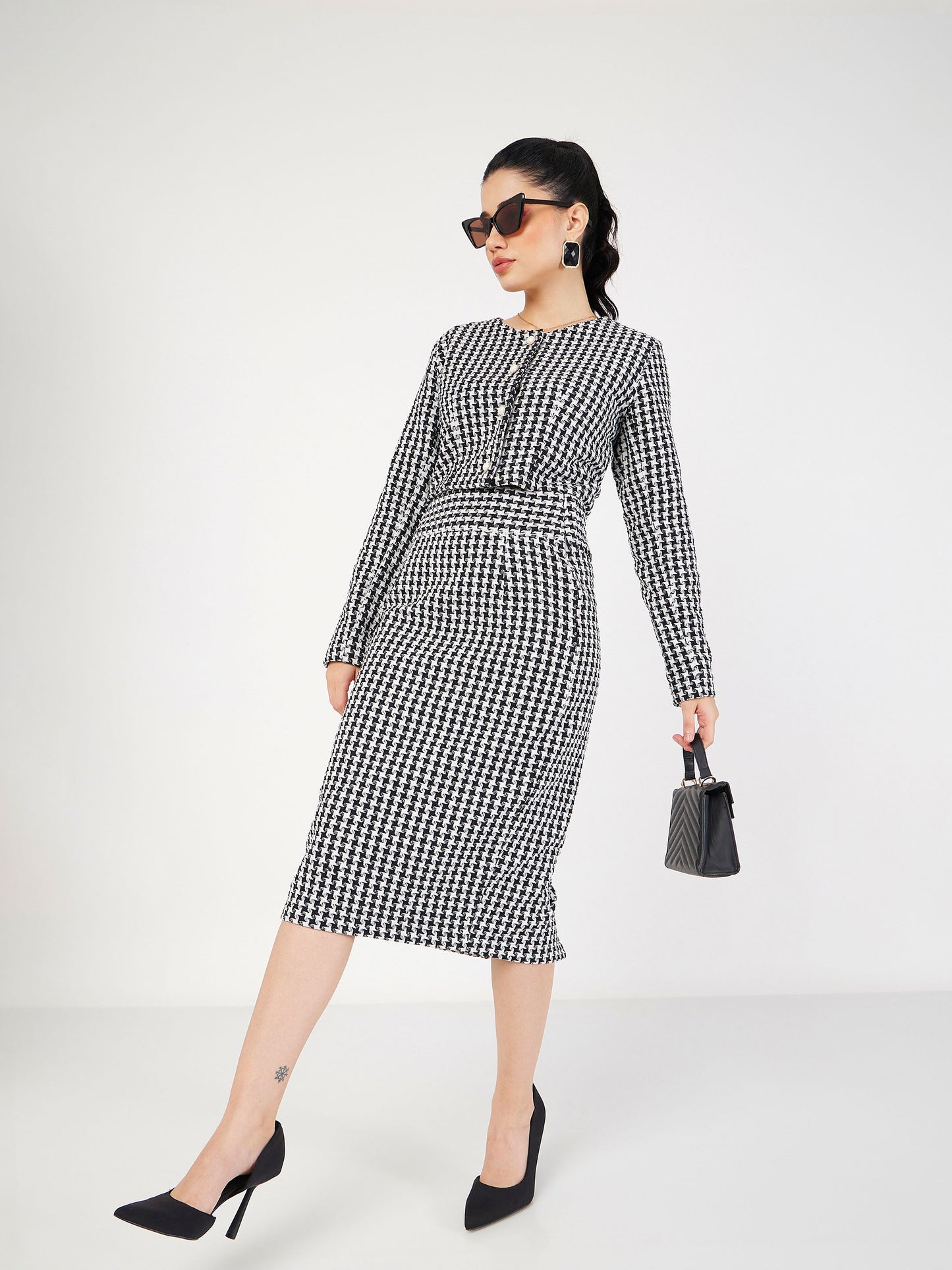 Black Geo Jacquard Tweed Full Sleeves Top