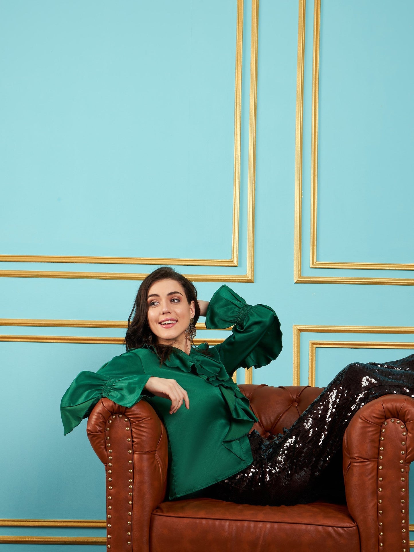 Green Satin Frill Top