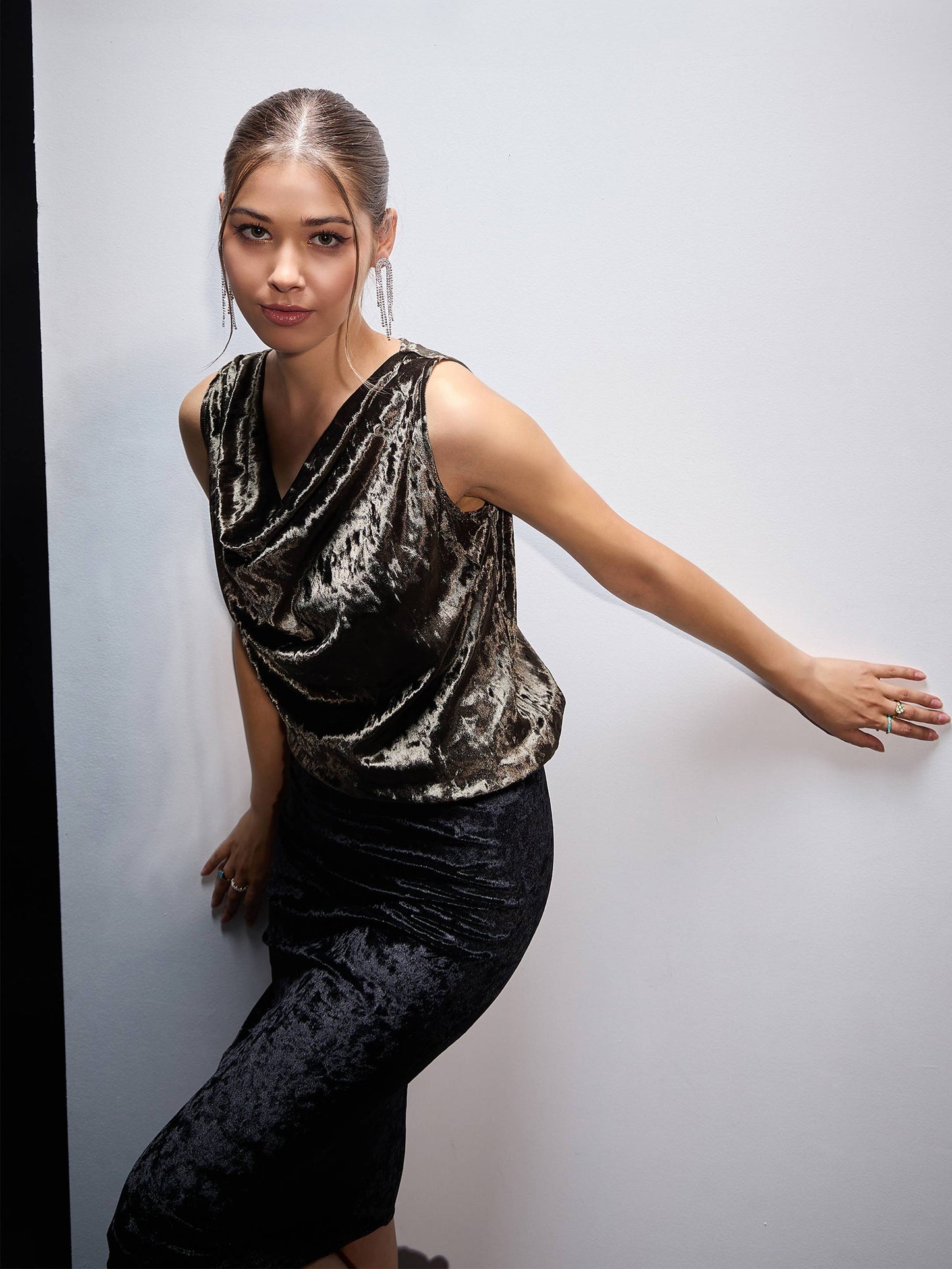 Women Olive Velvet Cowl Neck Sleeveless Top