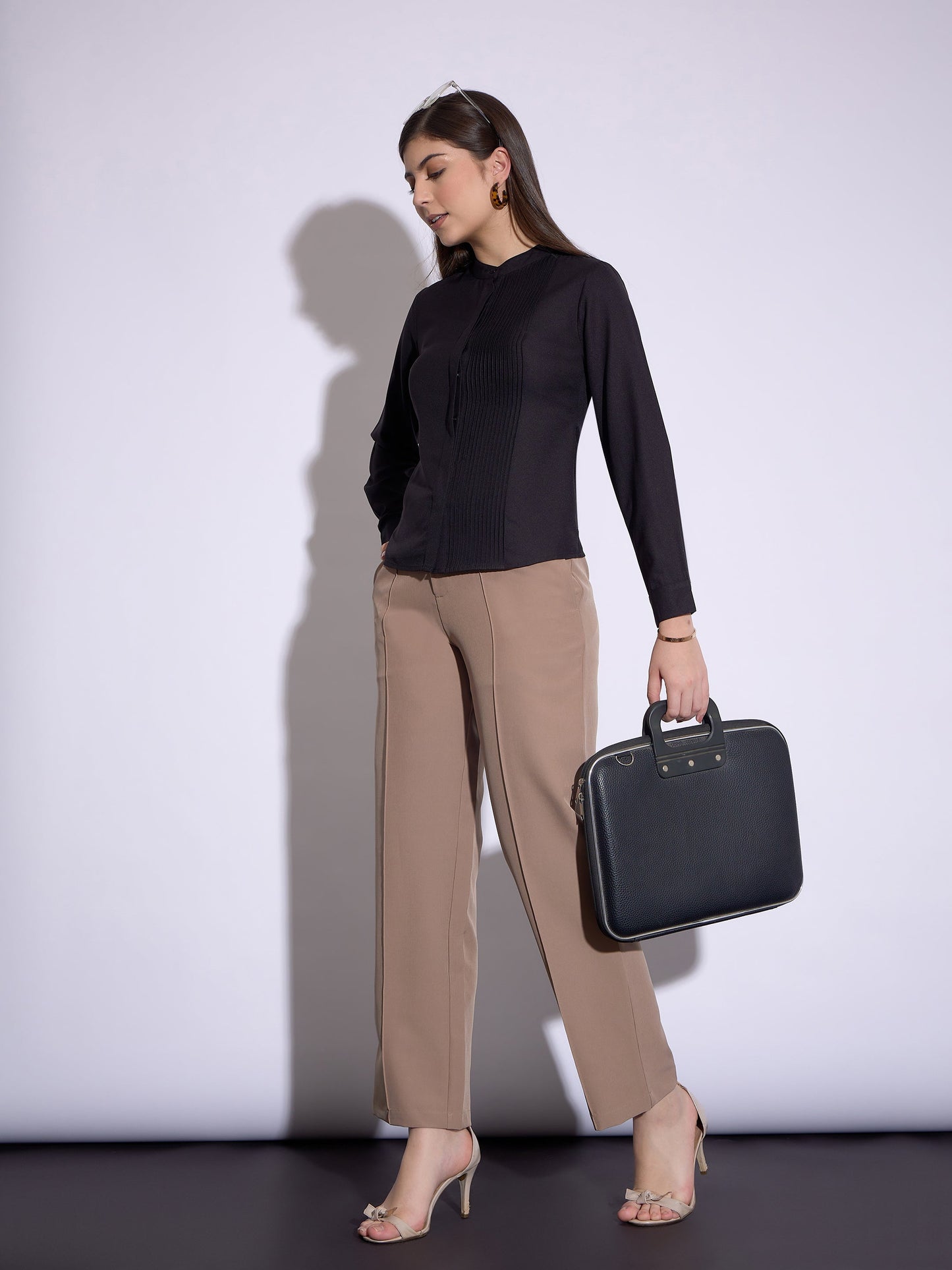 Black Front Pin Tuck Shirt Style Top