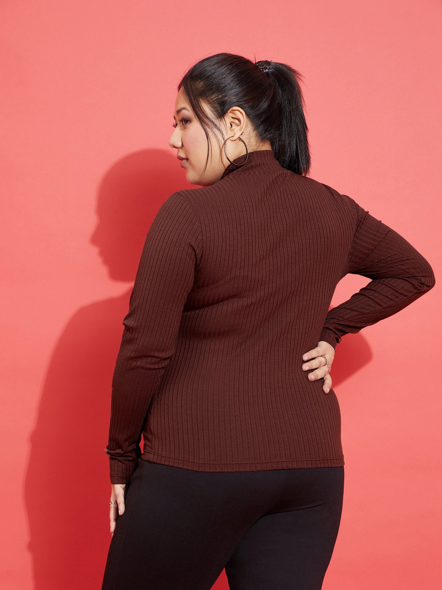 Brown Rib High Neck Top