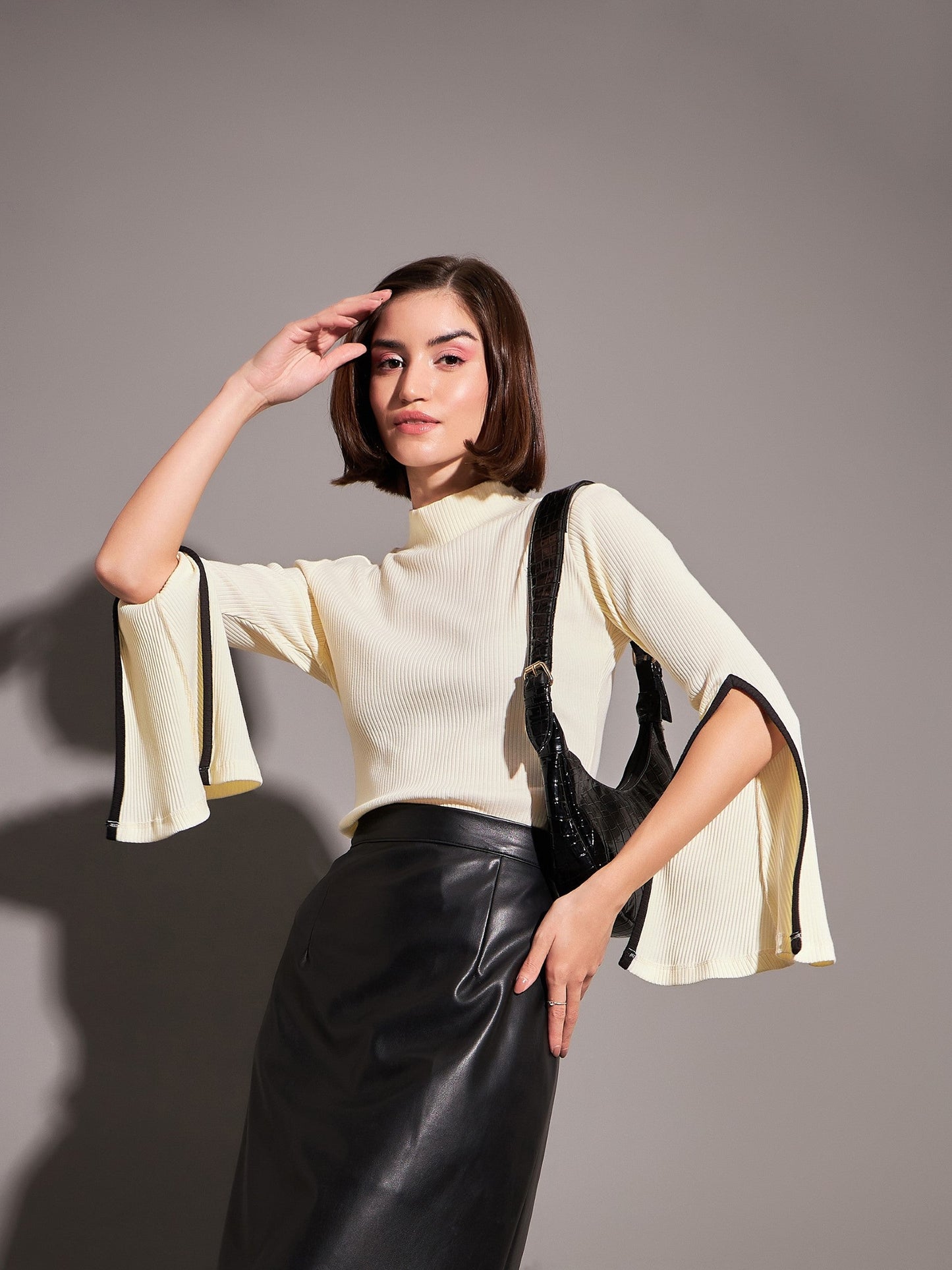 Off-White Rib High Neck Bell Sleeves Top