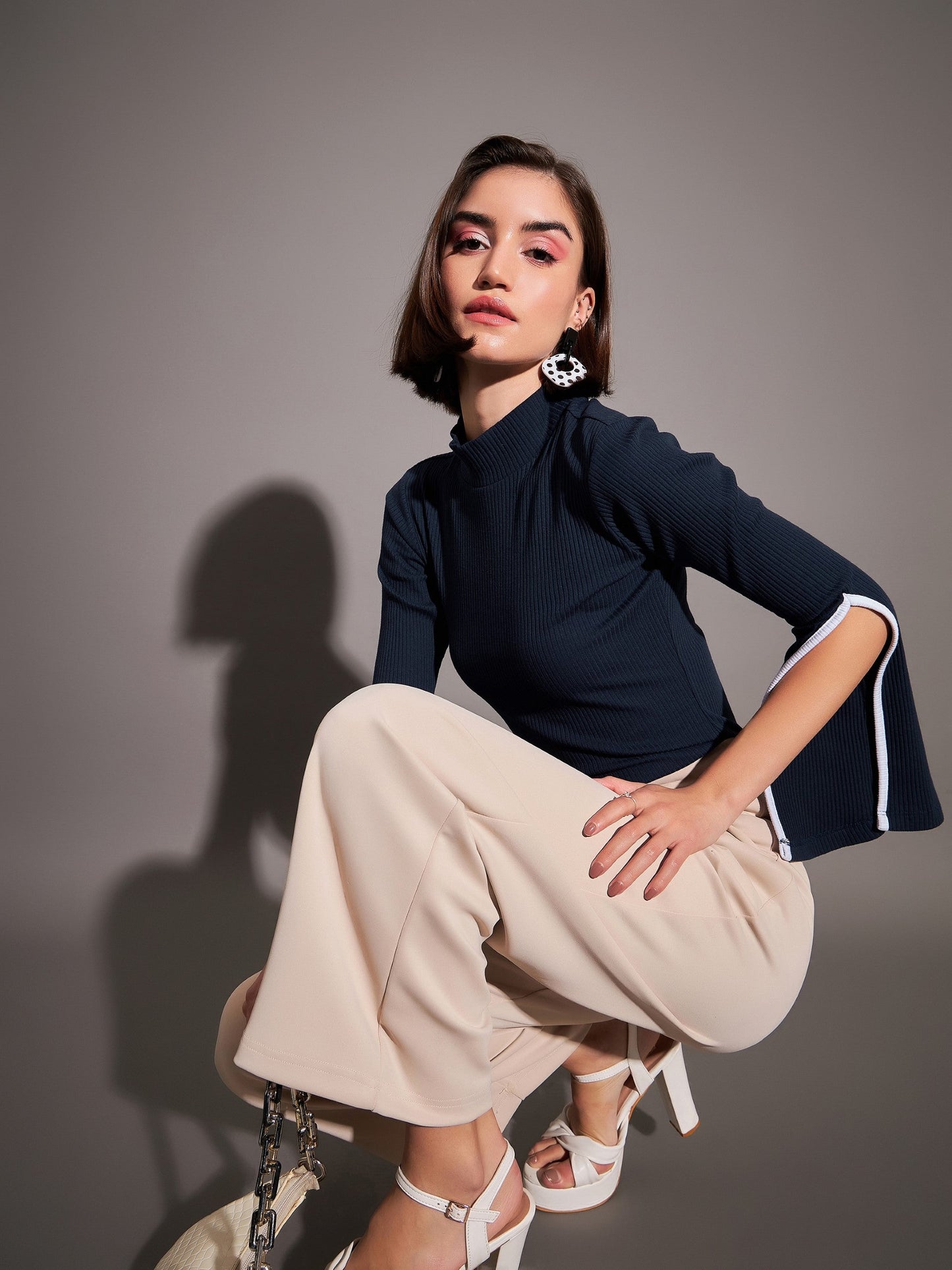 Navy Rib High Neck Bell Sleeves Top