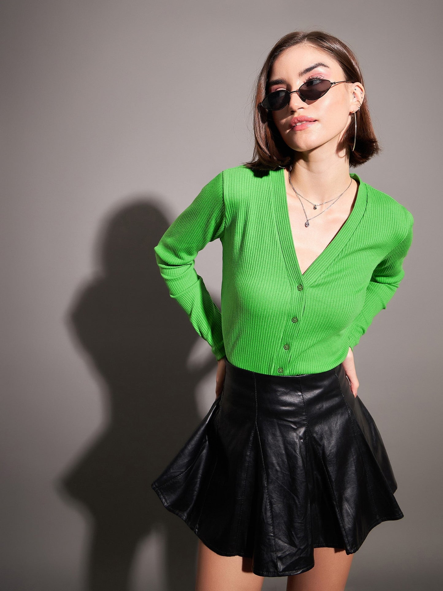 Green Rib Front Open Cardigan Top