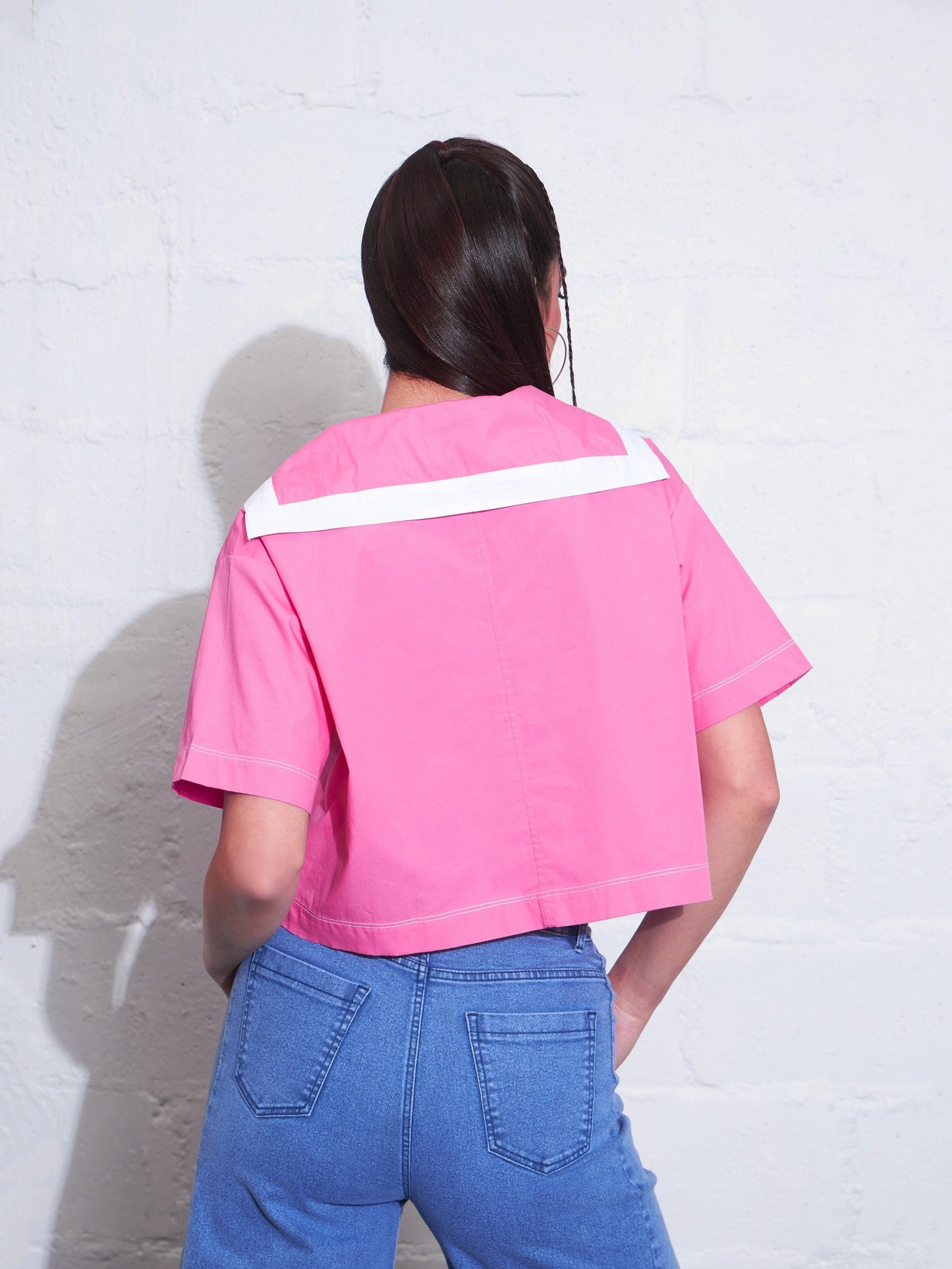 Pink Poplin Sailor Collar Crop Top