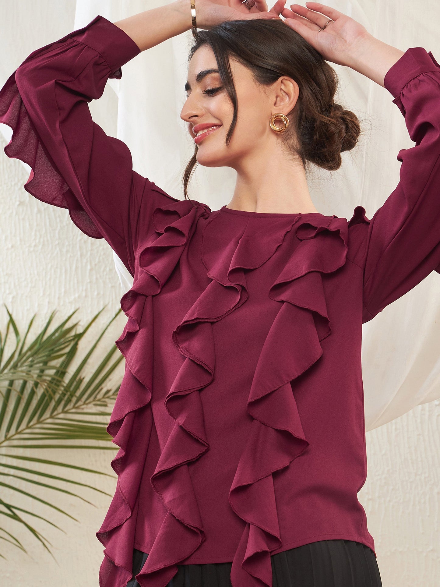Maroon Full Sleeves Ruffle Top