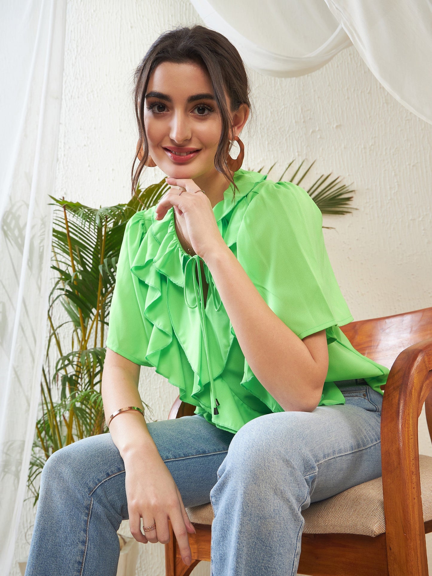 Green Short Sleeves Ruffle Top