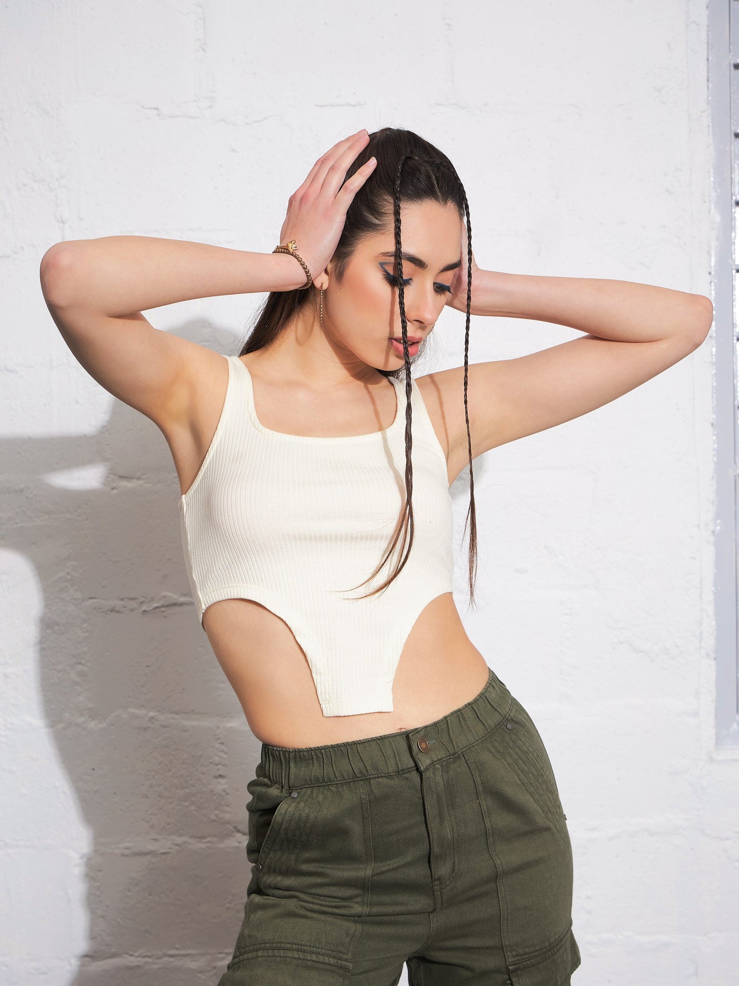 Off-White Rib High Low Hem Crop Top
