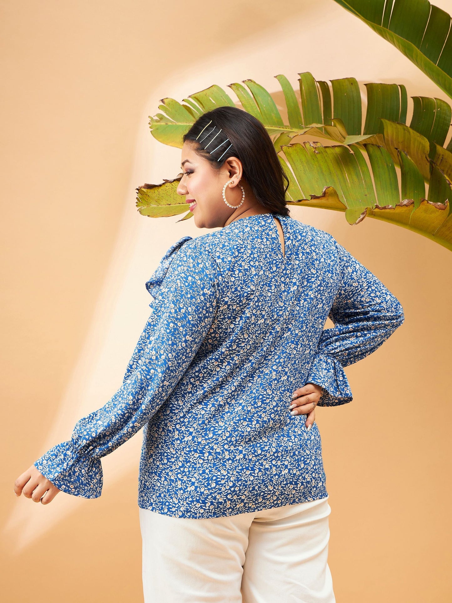 Blue Floral Smocking Detail Frill Top