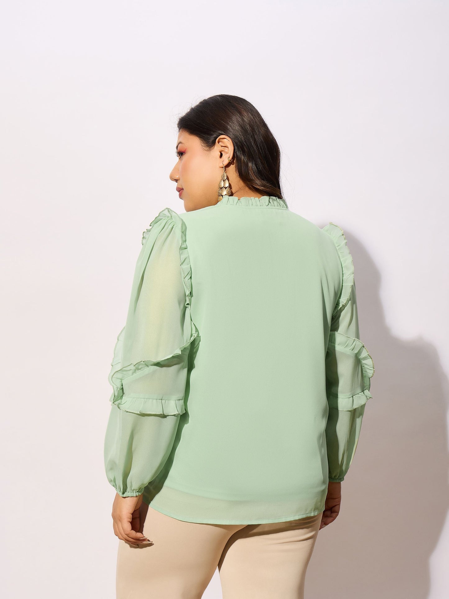 Mint Green Sleeve Ruffle Detail Top