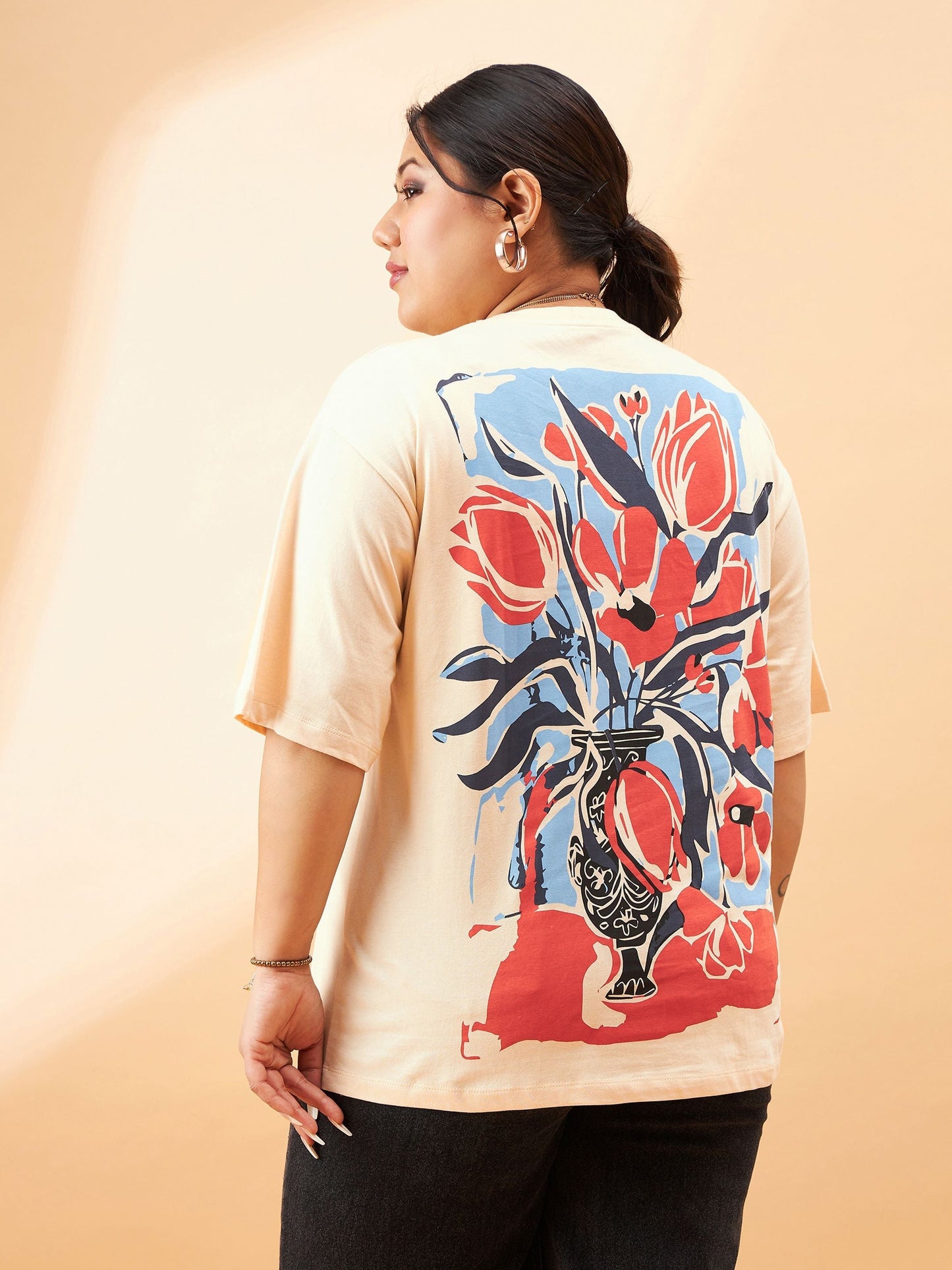 Beige Graphic Floral Print T-Shirt-SASSAFRAS Curve