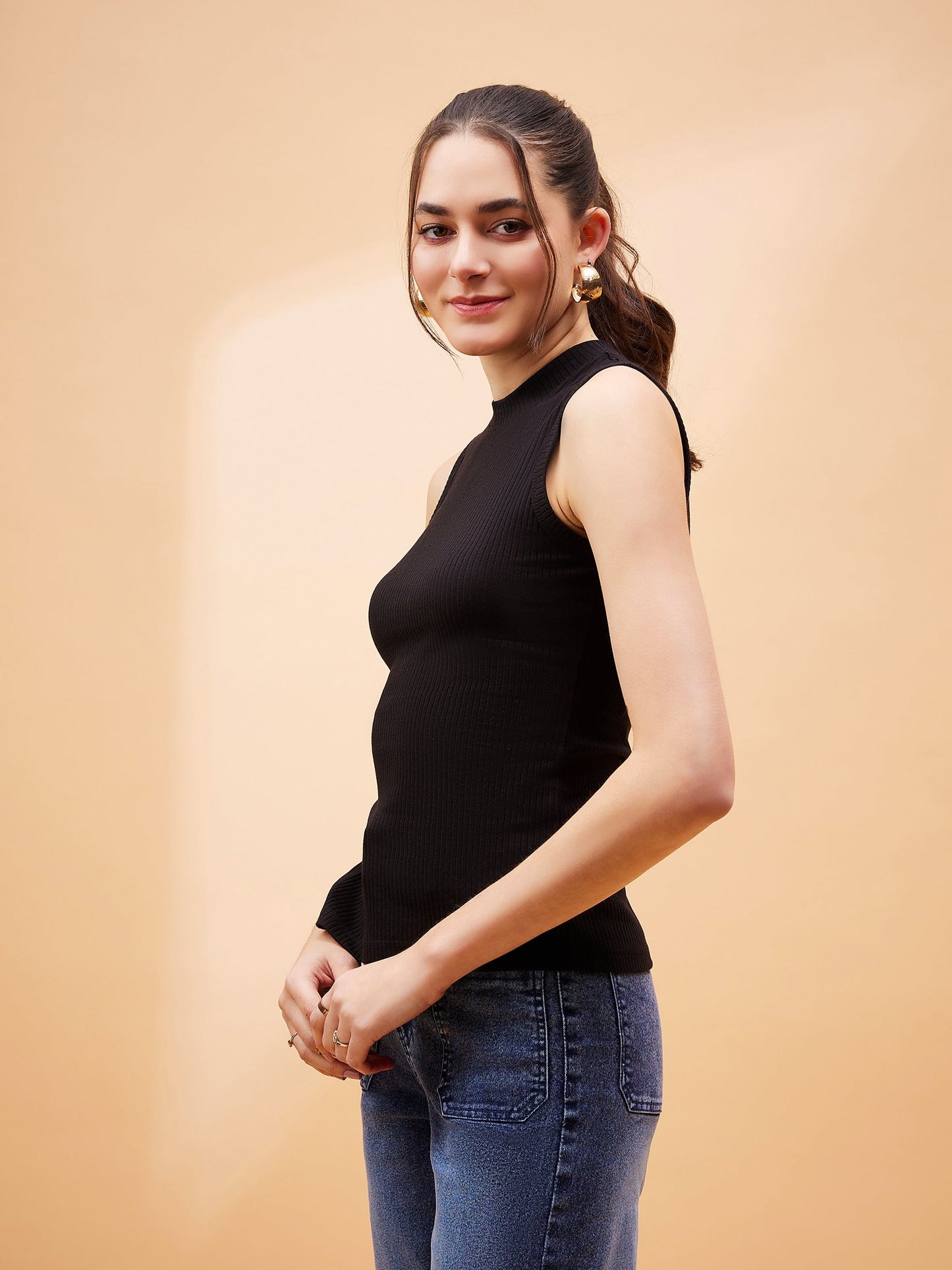 Black Rib Side Slit Top