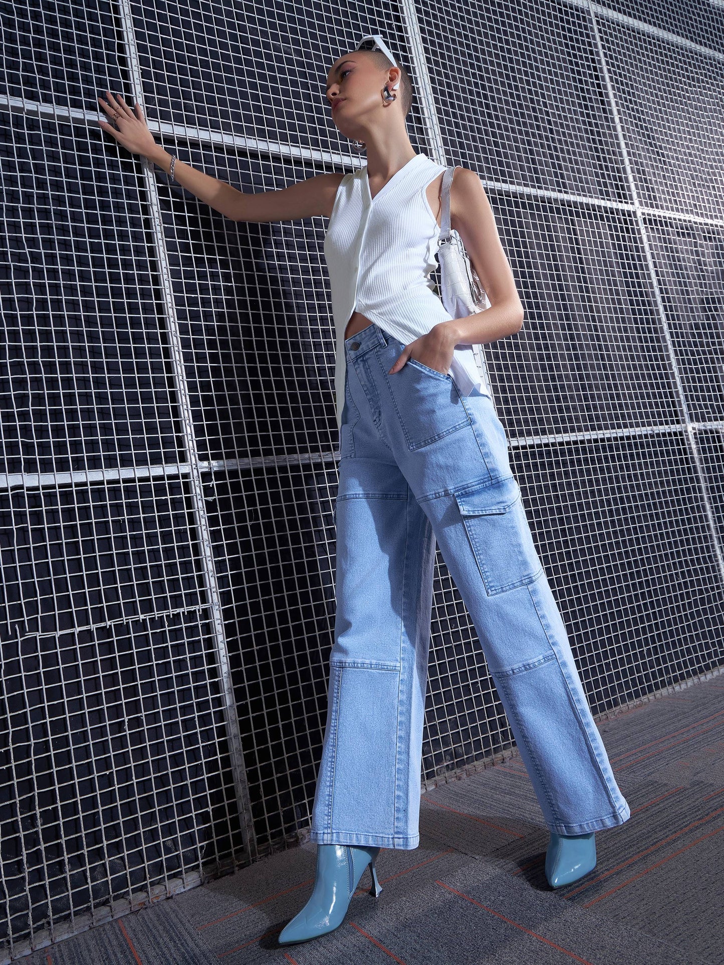 White Rib Front Button Sleeveless Top