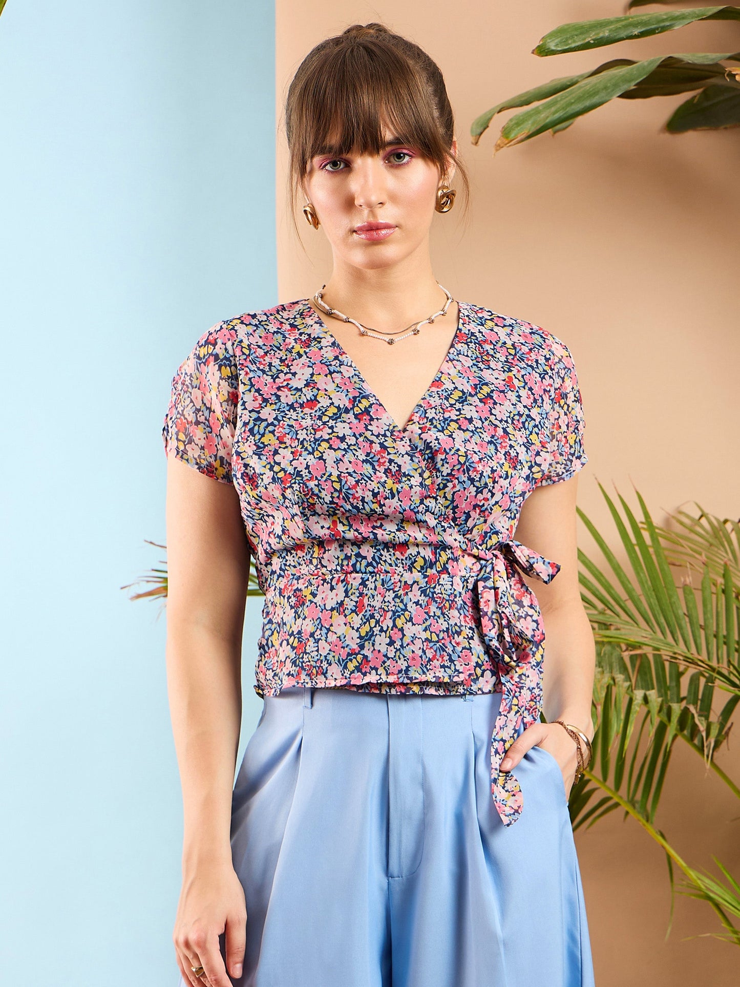 Navy Ditsy Floral Wrap Top