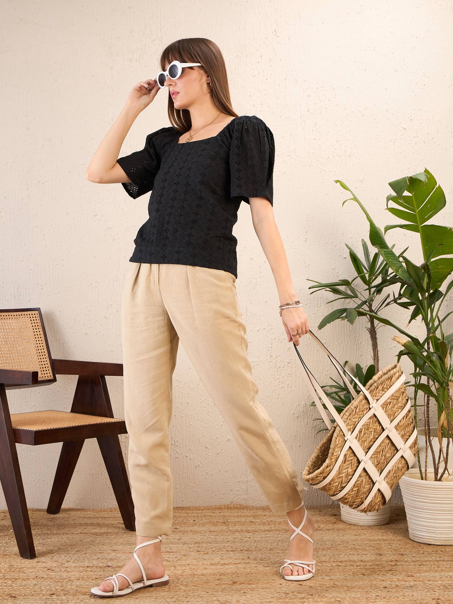 Women Black Schiffli Square Neck Smocked Top