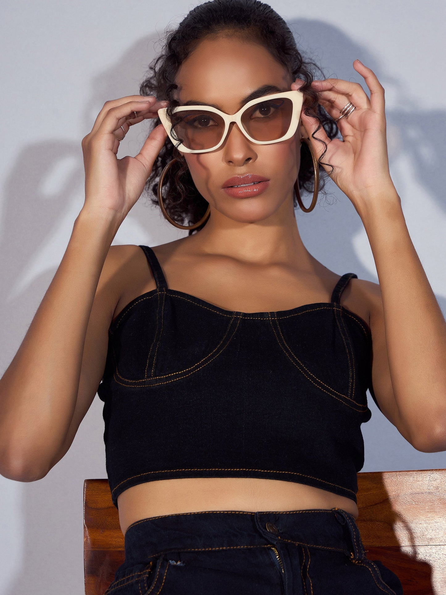 Black Denim Strappy Crop Top