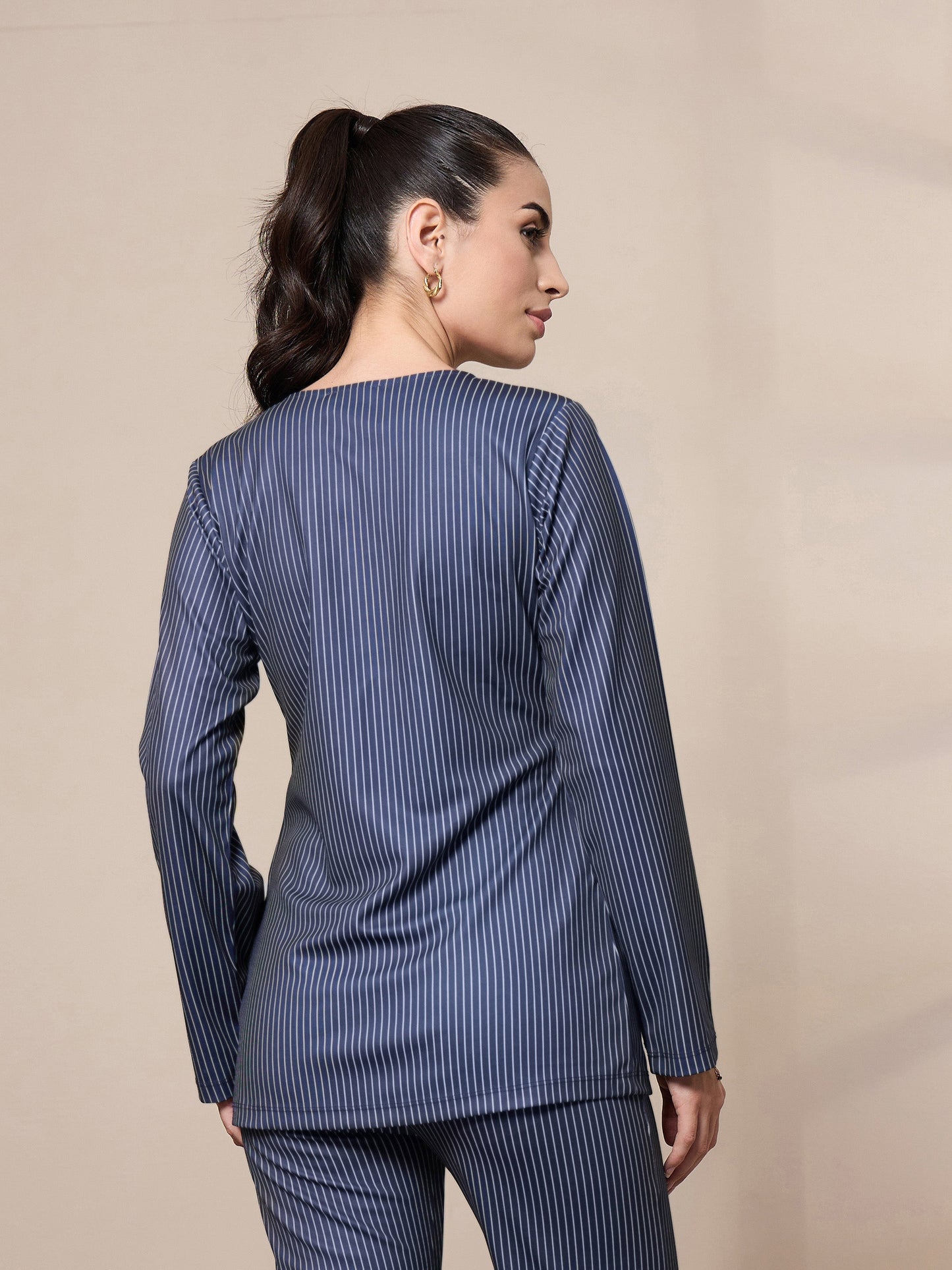 Navy Striped Round Neck Full Sleeve Top