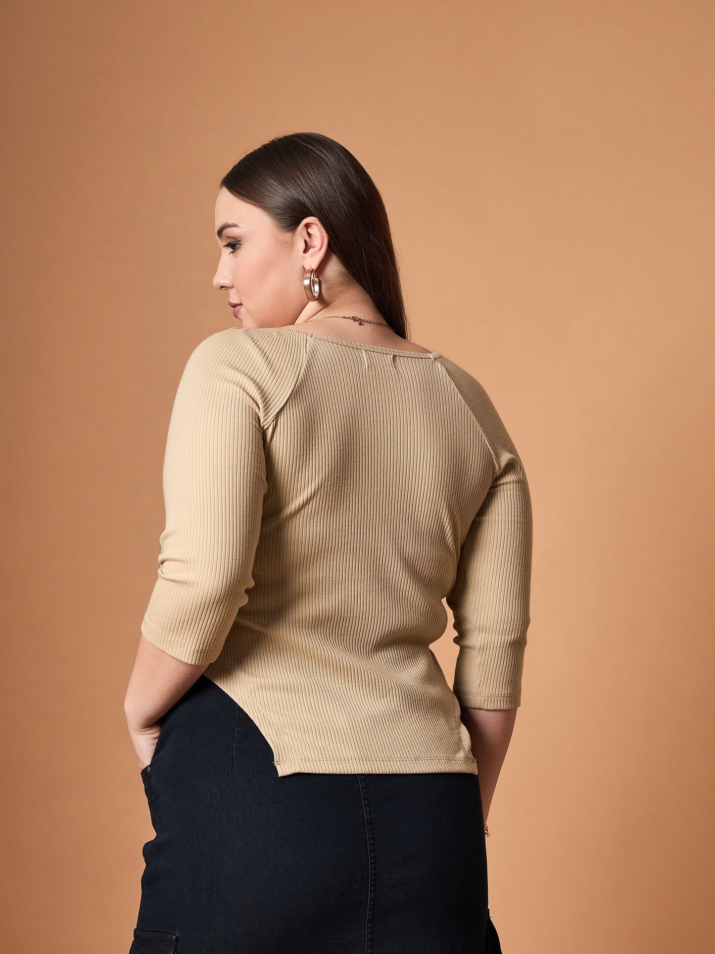 Beige Rib Sweetheart Neck Top