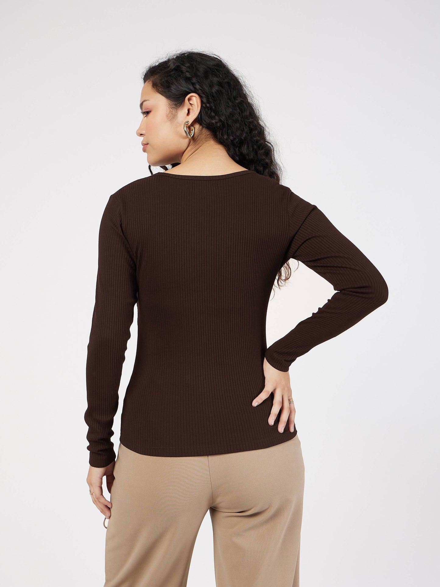 Women Dark Brown Rib Square Neck Full Sleeves Top
