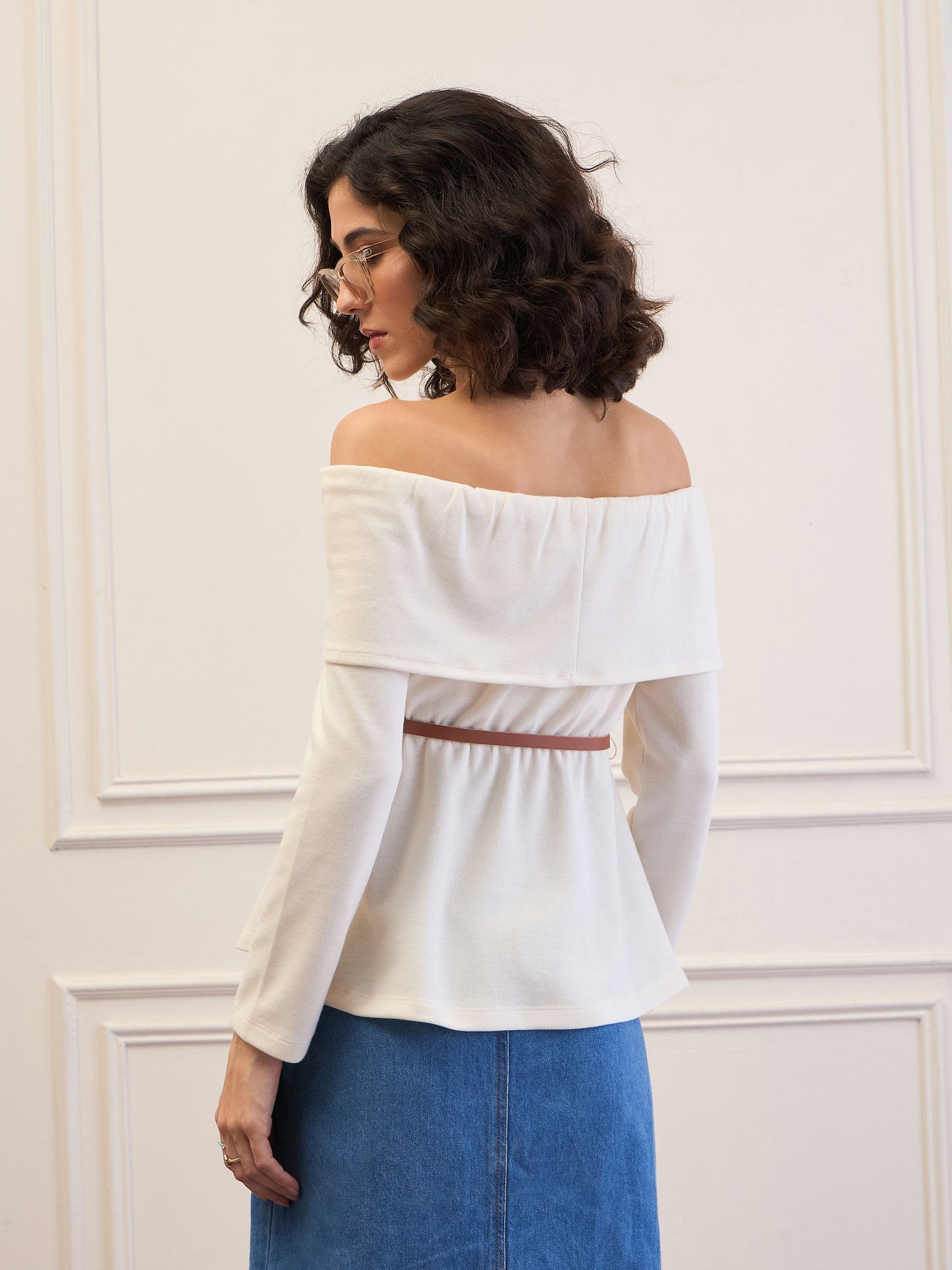 Women Off-White Off-Shoulder Belted Peplum Top