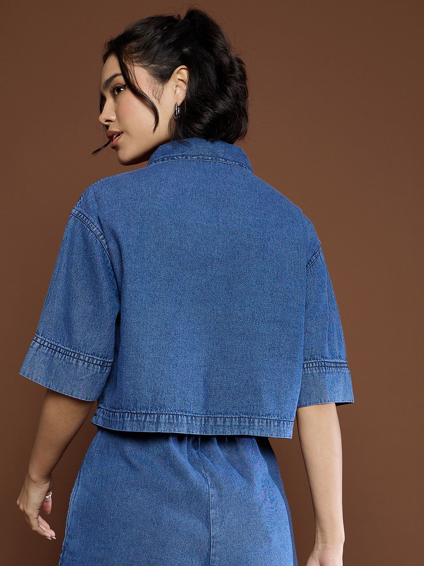 Women Blue Denim Patch Pocket Crop Top