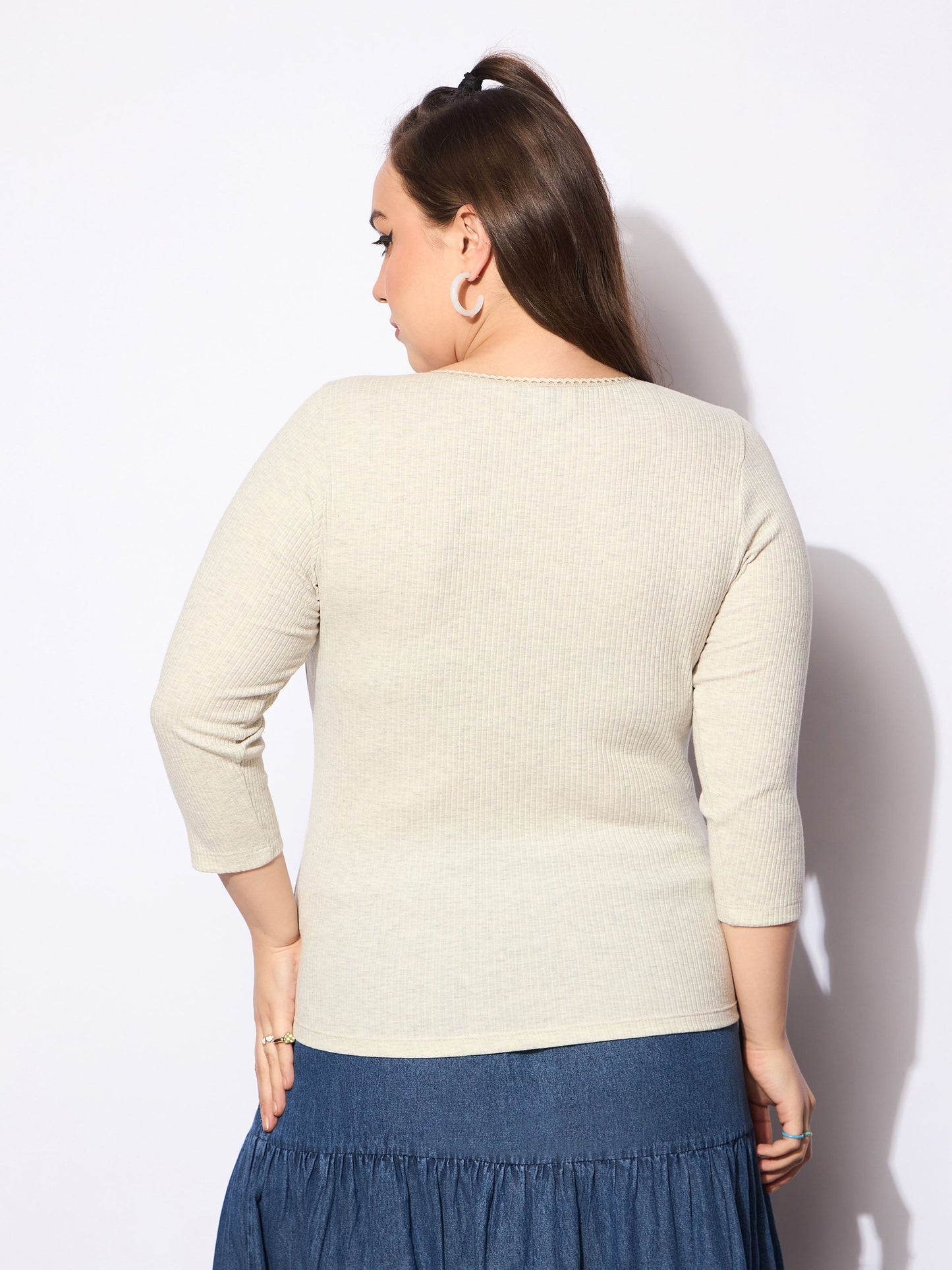 Beige Melange Round Neck Lace Detail Top