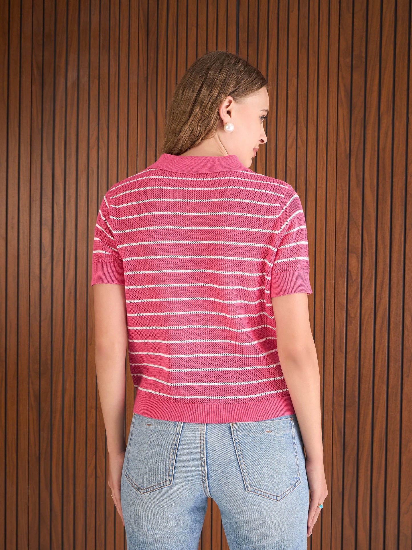 Women Pink & White Crochet Stripes Polo T-Shirt