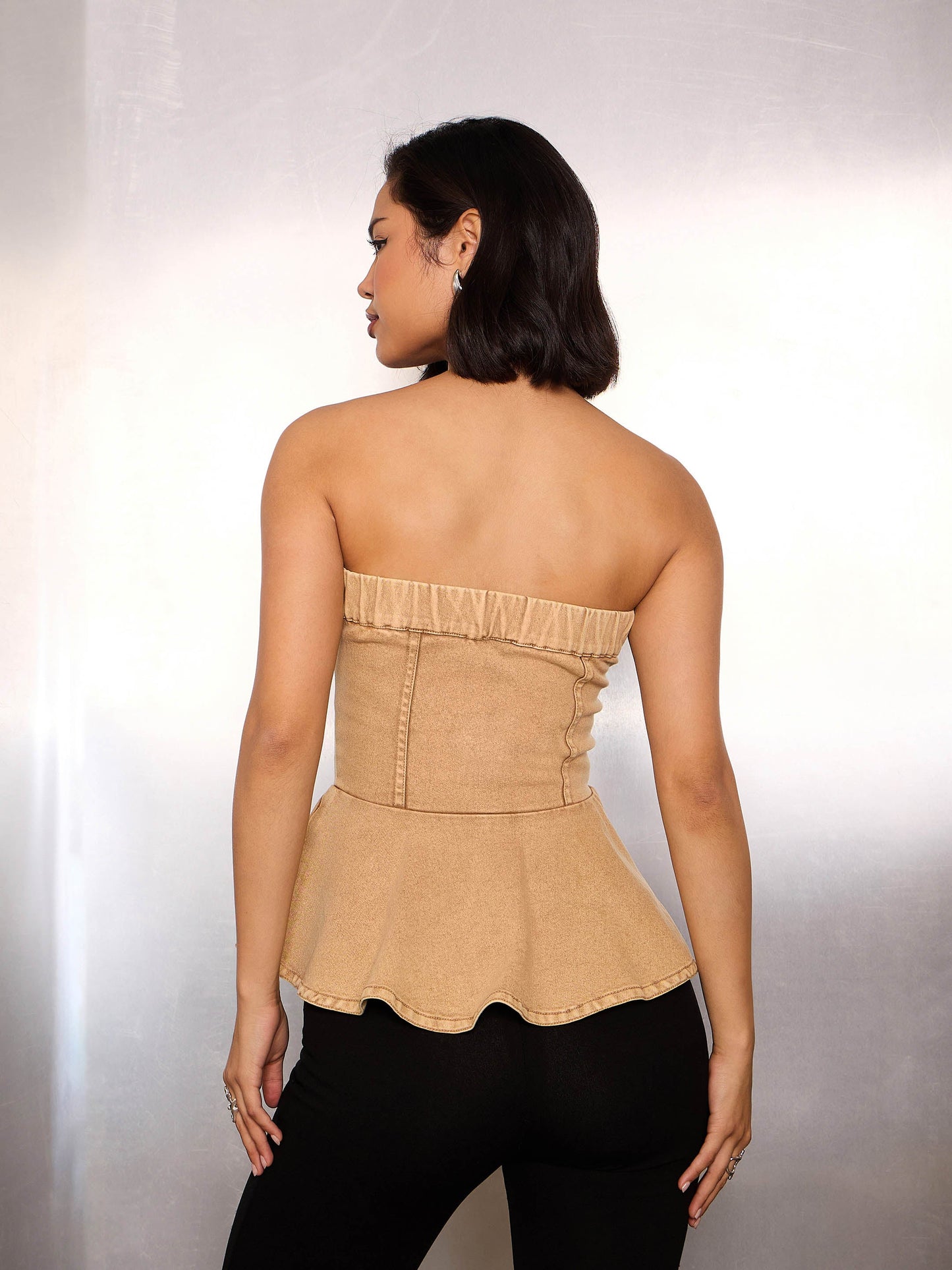 Women Beige Denim Corsage Button Down Top