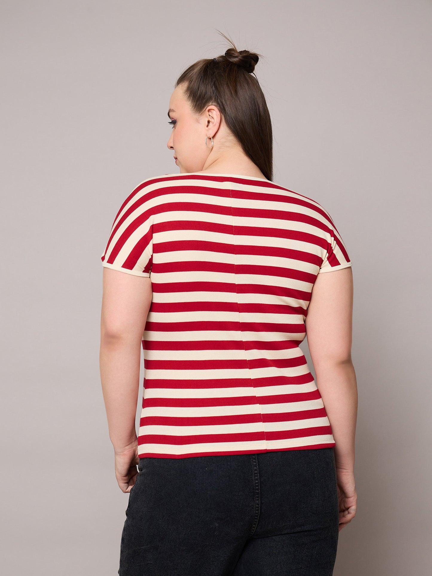 Red & Off White Rib Stripe Square Neck Top-SASSAFRAS Curve