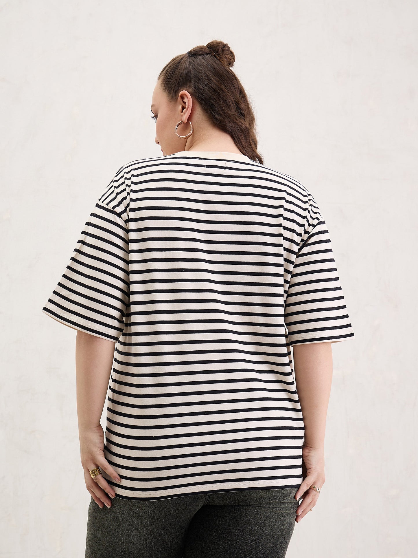 Black & Off White Stripe Round Neck T-Shirt-SASSAFRAS Curve