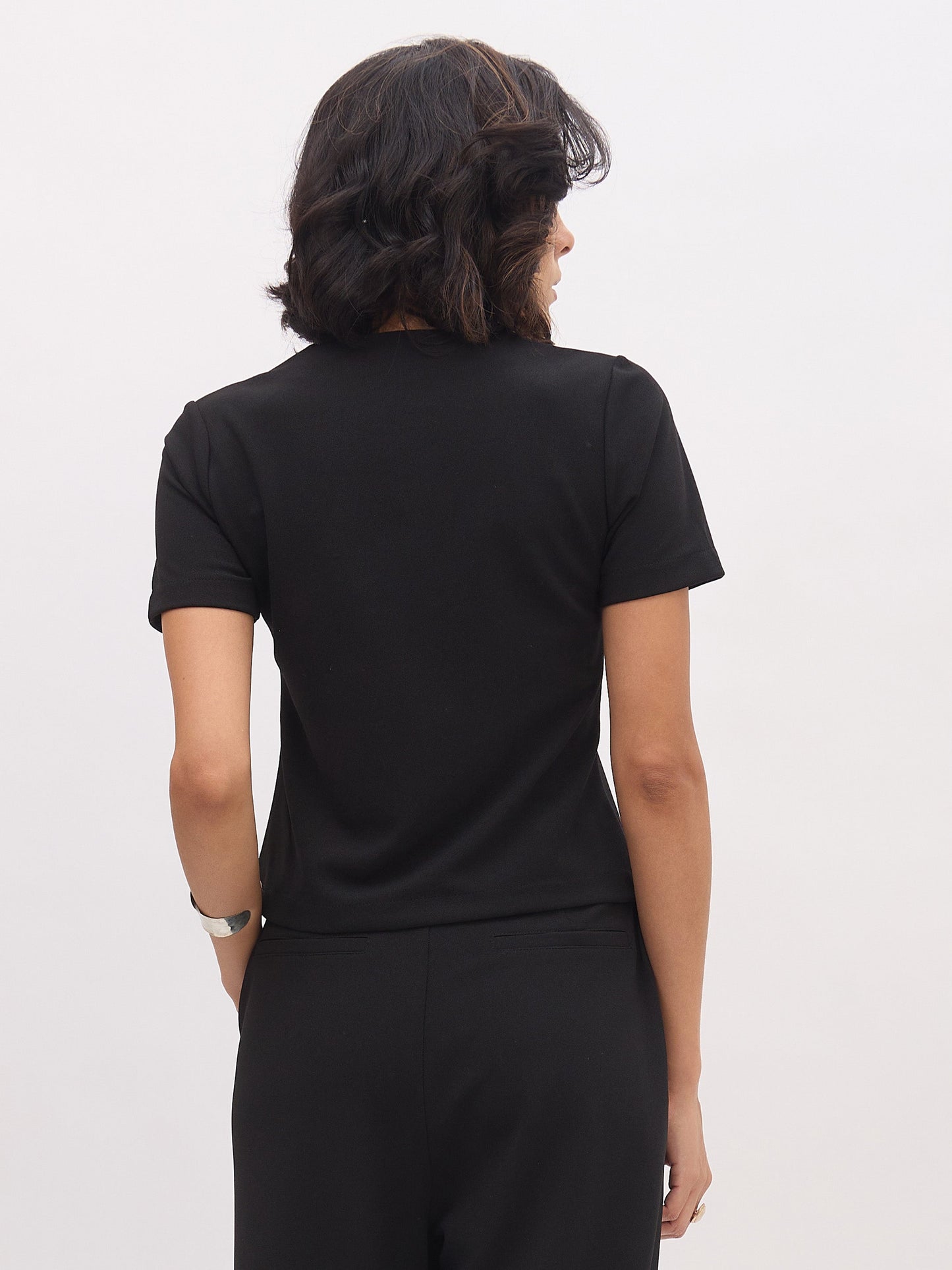 Women Black Square Neck Half Sleeves Button Top