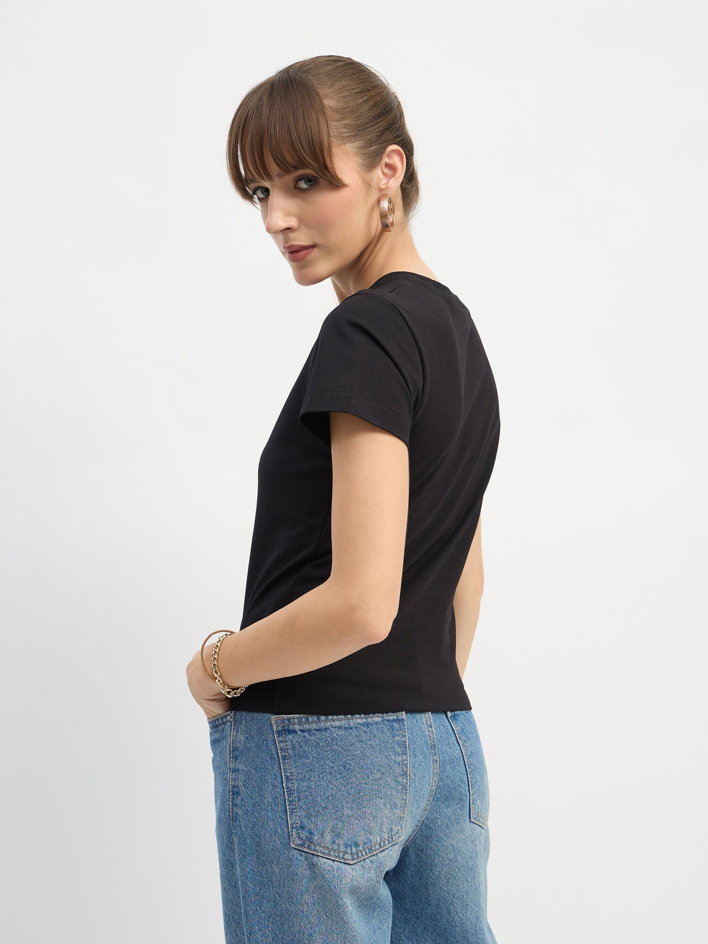 Women Black CAR Print Lycra T-Shirt