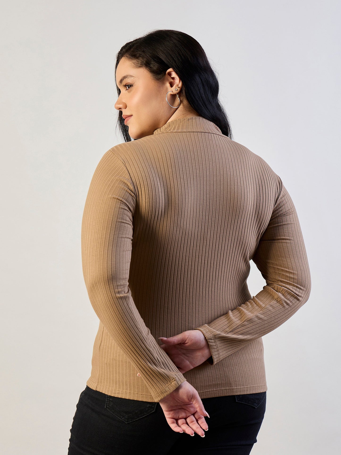 Beige Rib Front Zipper Top-SASSAFRAS CURVE