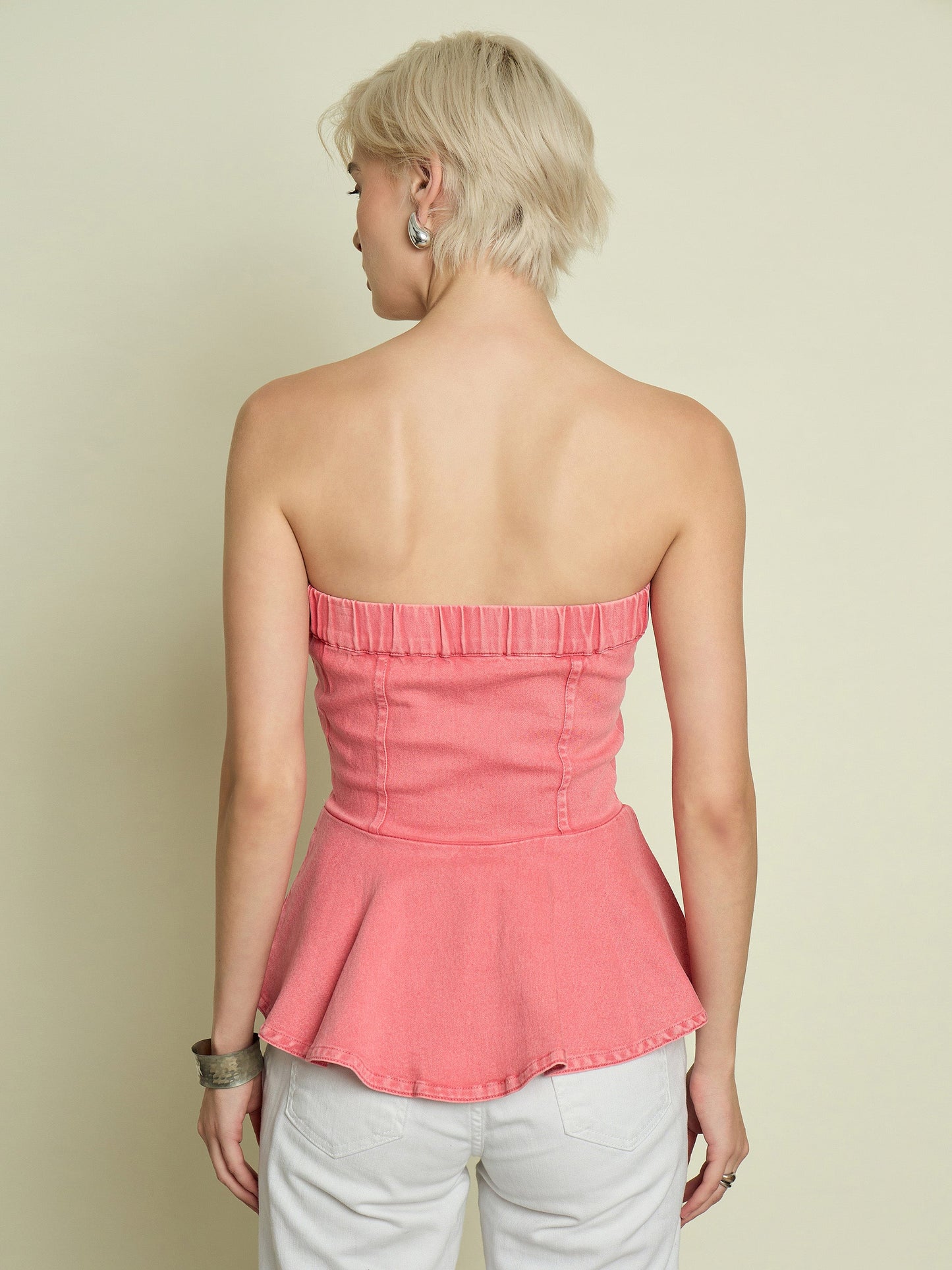 Women Pink Denim Corsage Button Down Top