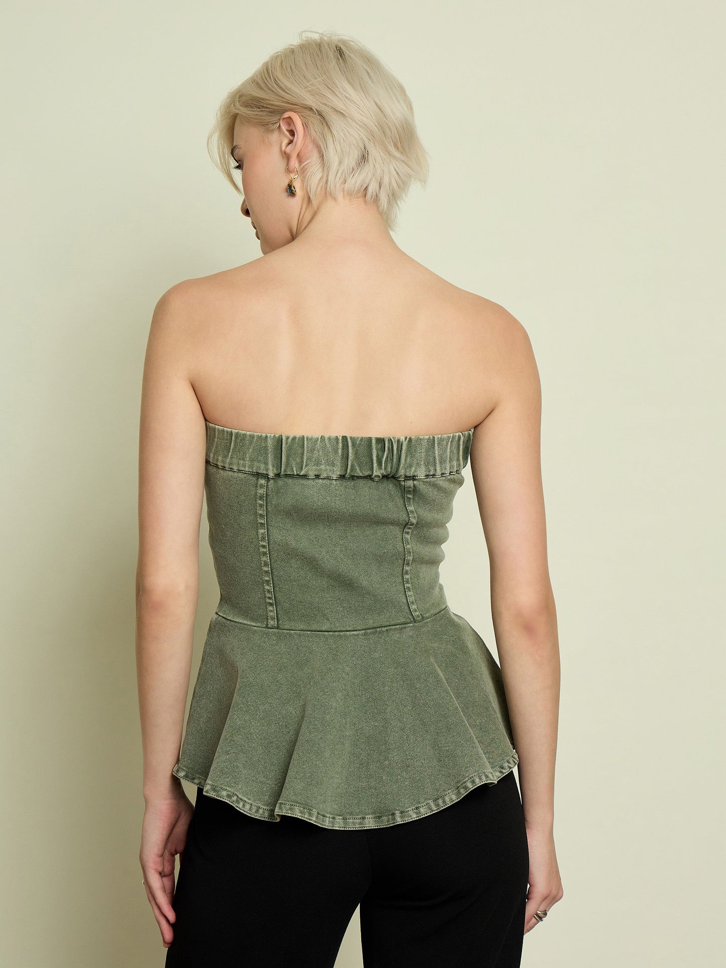 Women Olive Denim Corsage Button Down Top