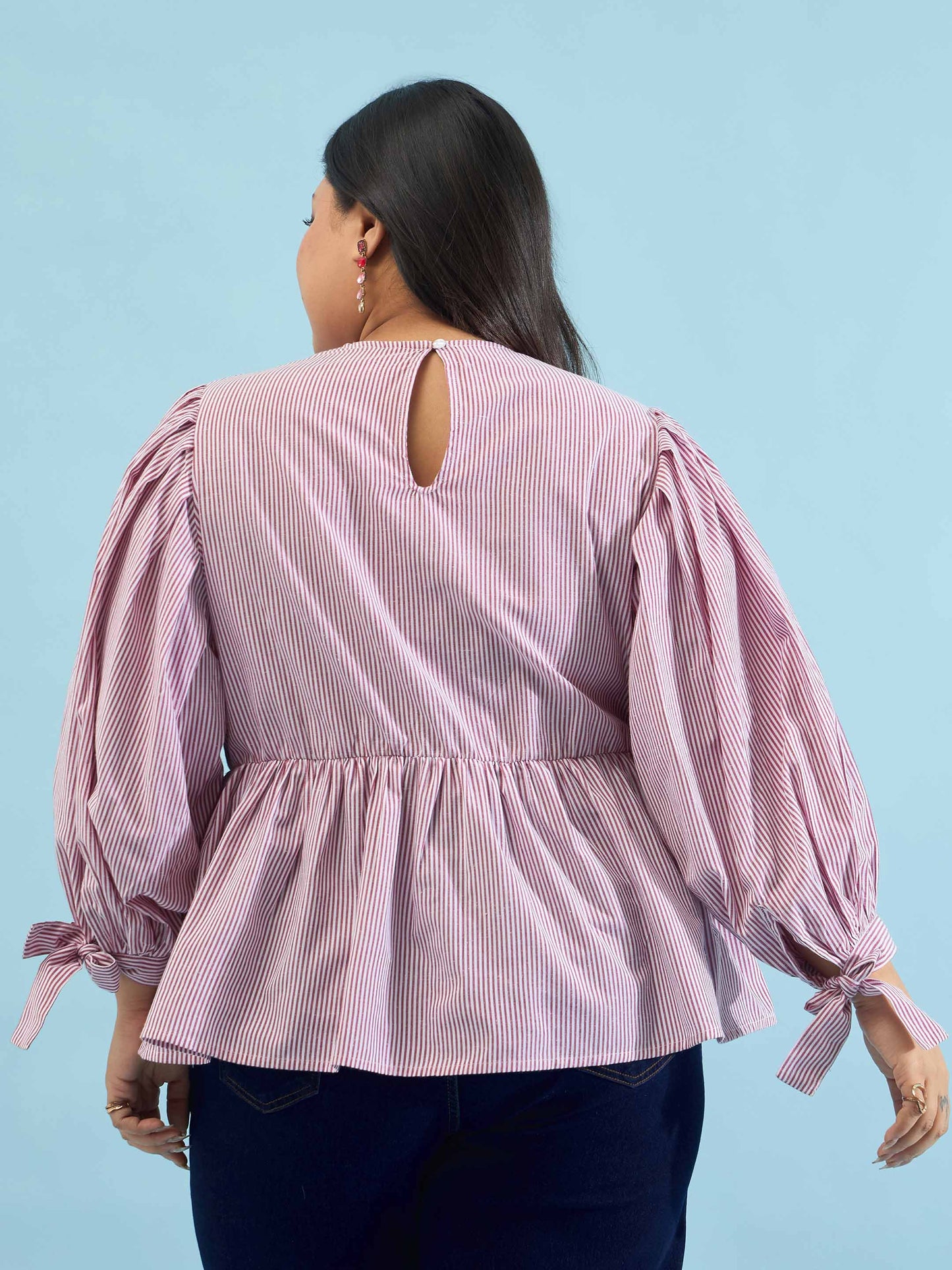 Maroon Stripes Sleeves Tie-Knot Peplum Top