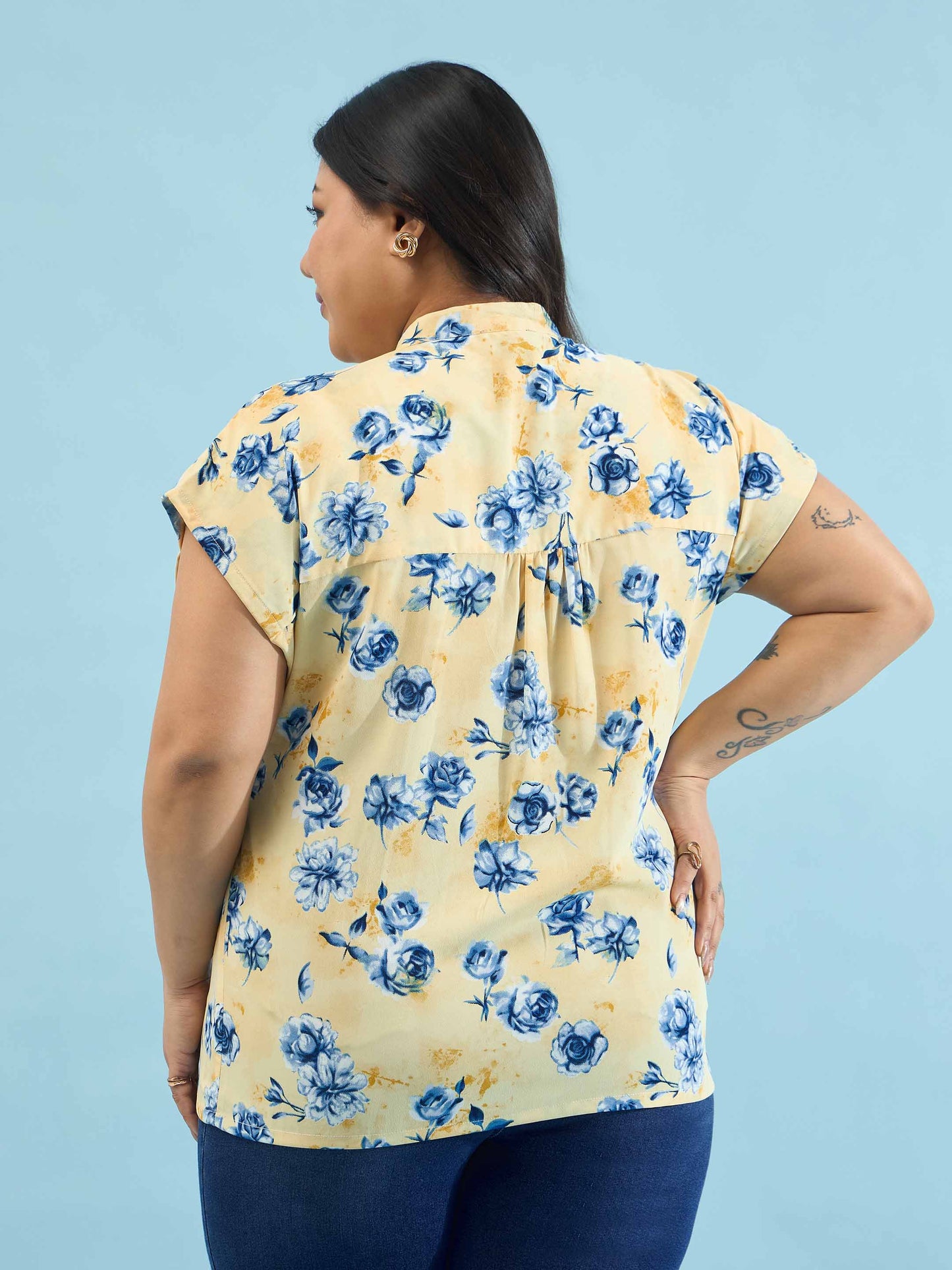 Yellow Floral Mandarin Collar Regular Top