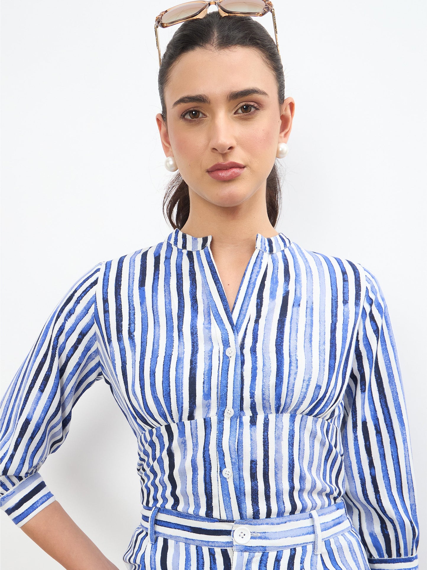 Blue Linen Striped V Neck Front Button Top
