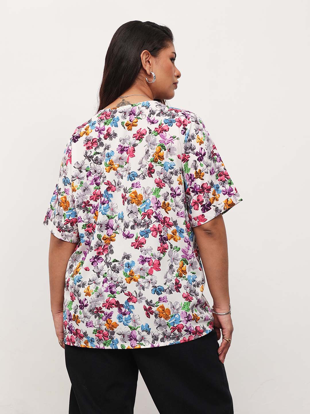 White Multi Floral V-Neck Button Down Top