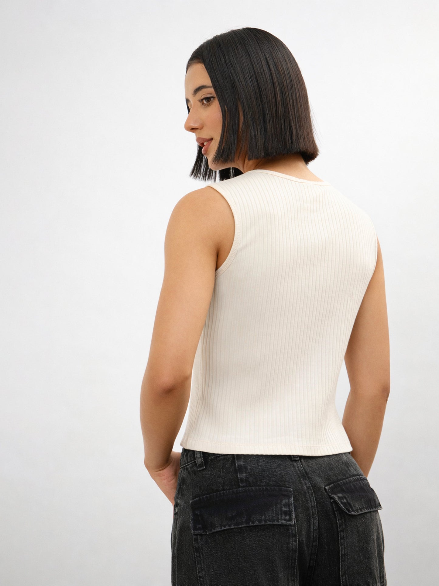 Off-White Round Neck Button Down Sleeveless Top