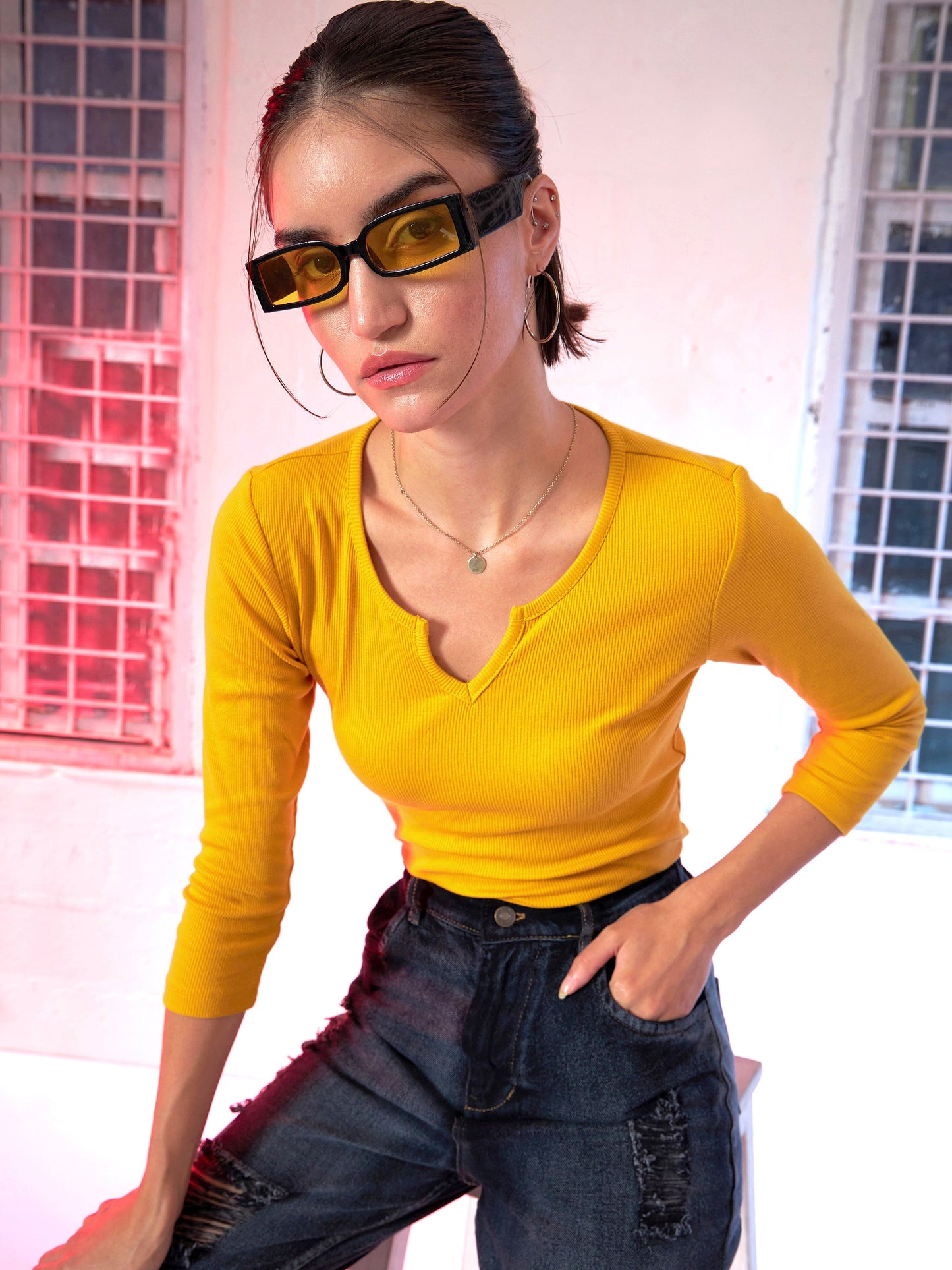 Mustard Rib V-Neck T-Shirt