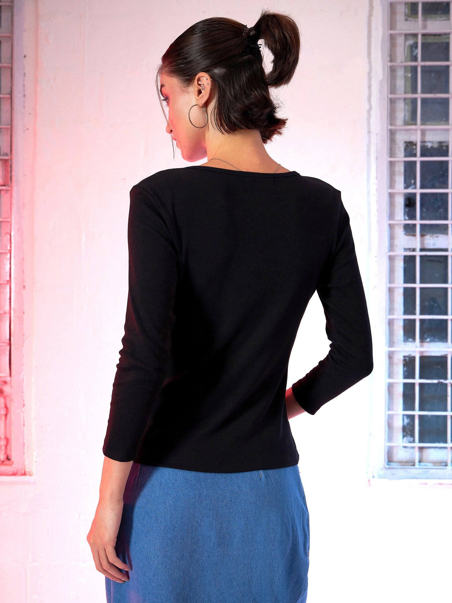 Women Black Rib V-Neck T-Shirt