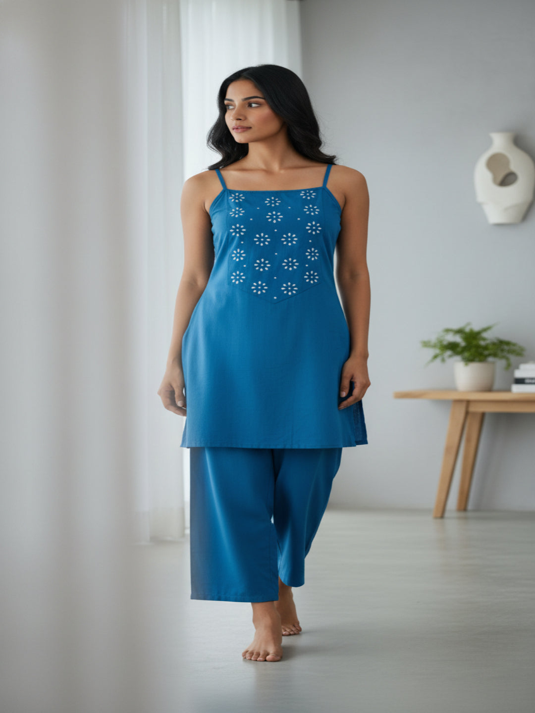 Teal Self Design Cotton Fabric Sleeveless Square Neck Hip Length Kurta Set