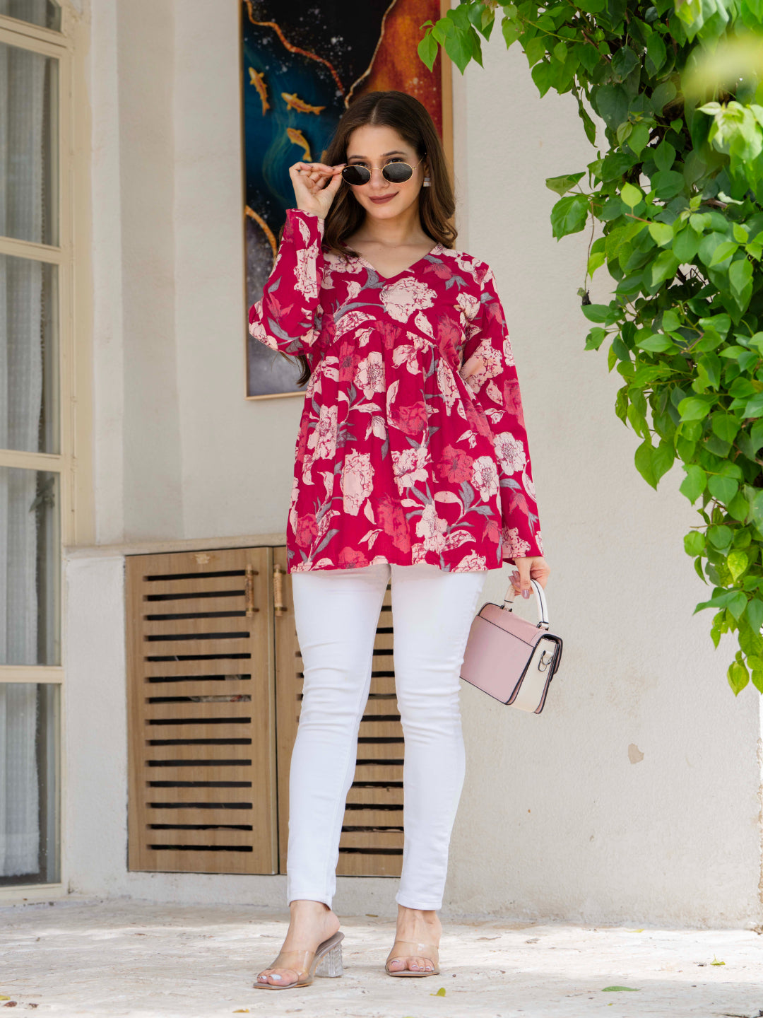 Red Self Design Cotton Fabric Tunics Three-Quarter Sleeves V-Neck Hip Length