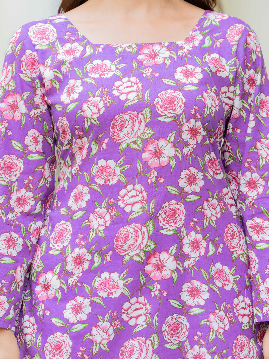 Purple Self Design Cotton Fabric Tunics Three-Quarter Sleeves Square Neck Hip Length