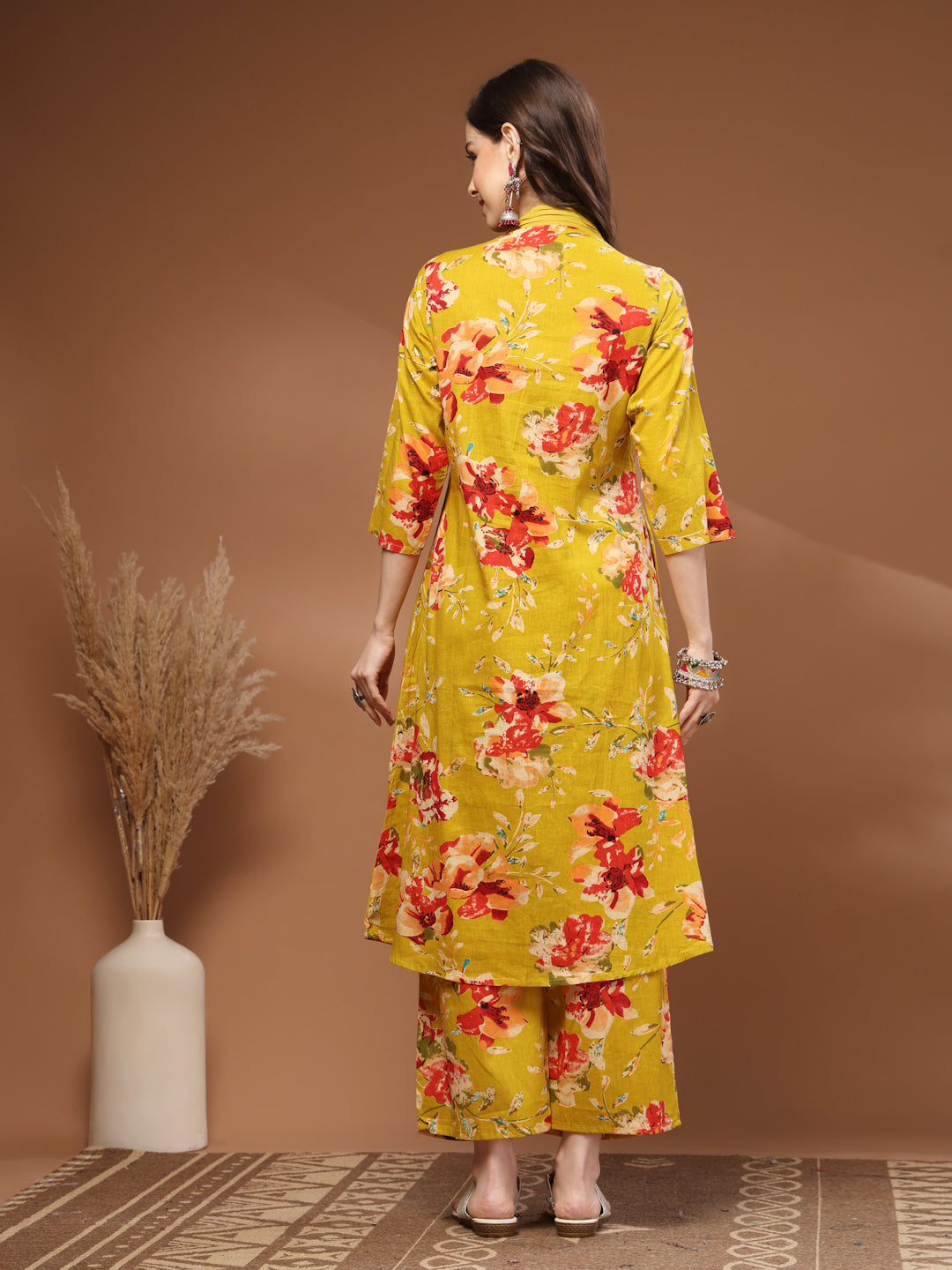 Mustard Self Design Cotton 3/4 Sleeves V- Neck Calf Length Kurta Set